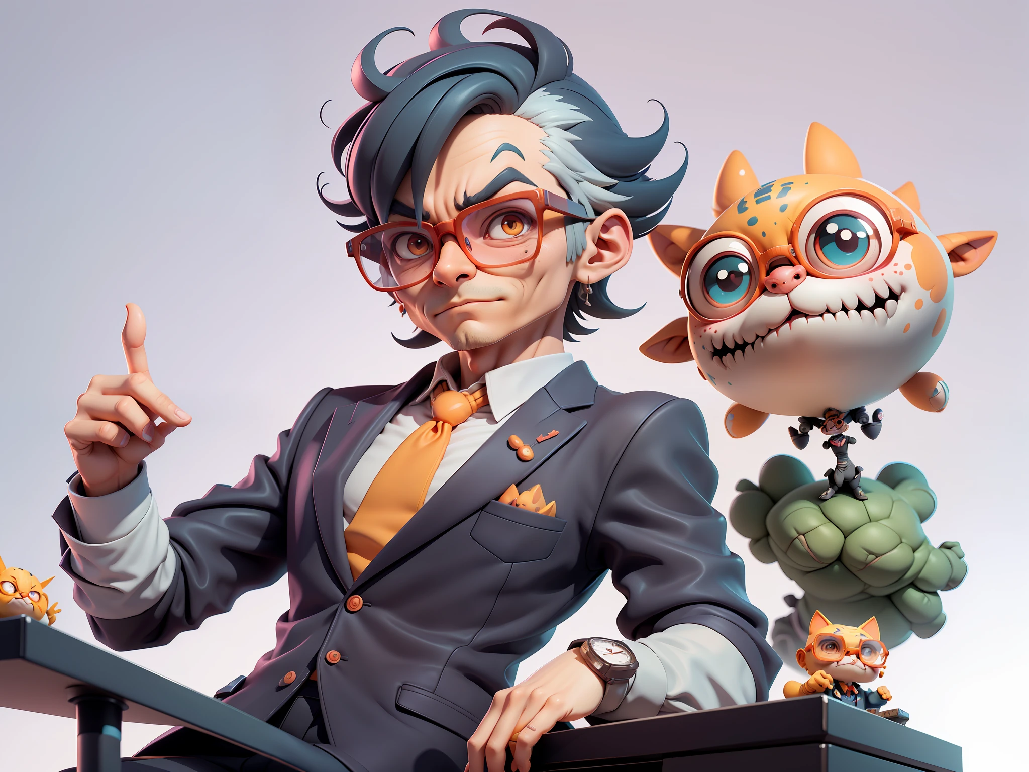 A young man in a suit, Short hair and glasses sat at his desk,holding laptop,digitial painting,tigre,3D character design by Mark Clairen and Pixar and Hayao Miyazaki and Akira Toriyama,4K HD illustration,Very detailed facial features and cartoon-style visuals。