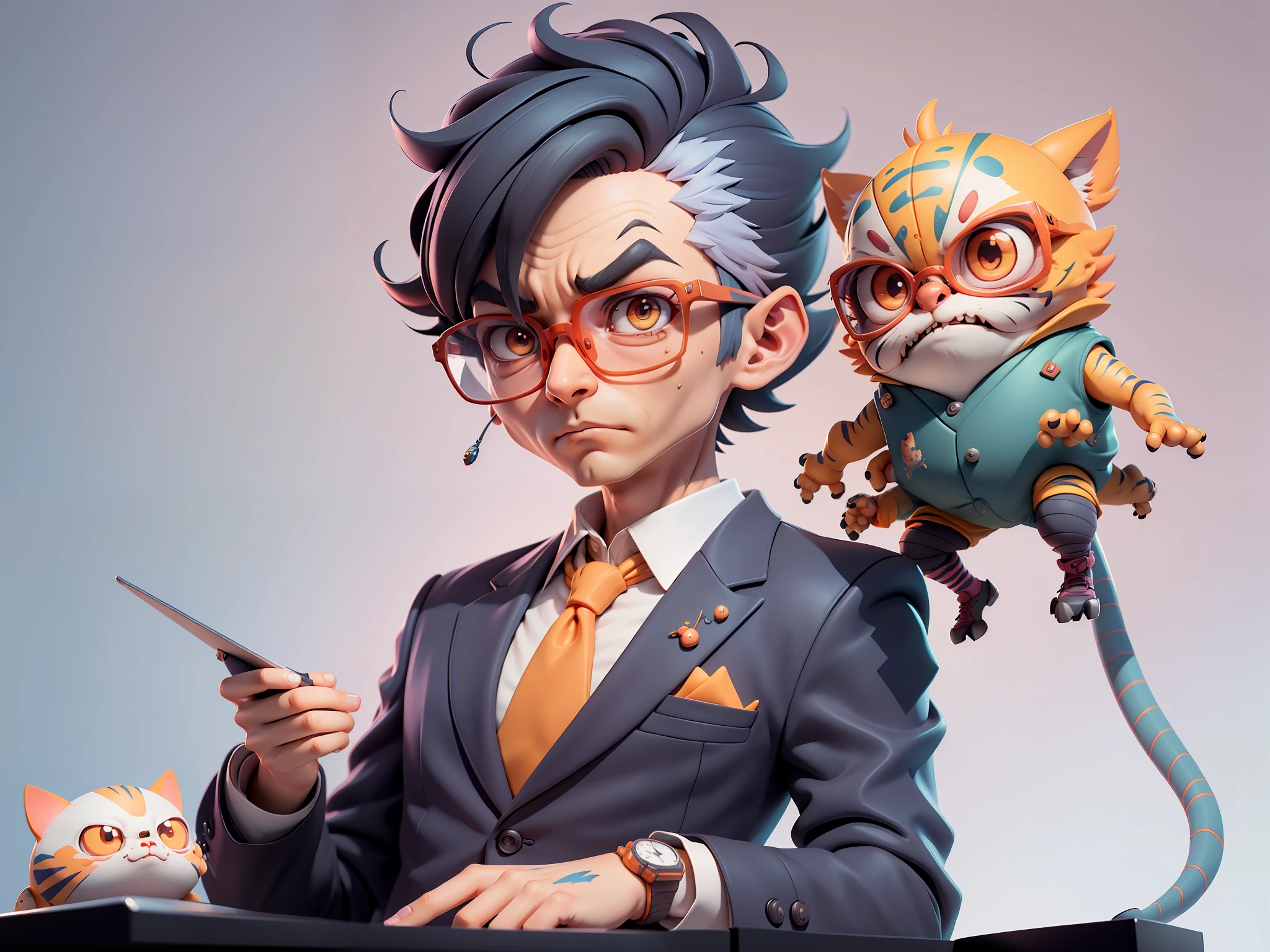 A young man in a suit, Short hair and glasses sat at his desk,holding laptop,digitial painting,tigre,3D character design by Mark Clairen and Pixar and Hayao Miyazaki and Akira Toriyama,4K HD illustration,Very detailed facial features and cartoon-style visuals。