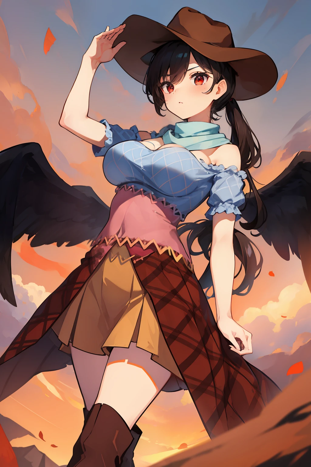 (masterpiece),best quality, expressive eyes, perfect face, 1girl,
big breast, H-cup, good breast, beautiful, gorgeous,anime,girl,lora, floating clothes, tent chest ,
 nipple visible  though clothes,Saki Kurokoma,
red eyes,
black hair,
short hair,
long ponytail,
black wings,
black horse tail,
brown cowboy hat,
brown boots,
light blue plaid shirt,
light pink shirt,
brown plaid skirt,
light orange skirt,
shoulders,
white bandana tied around neck,hands on waist, hands on hips