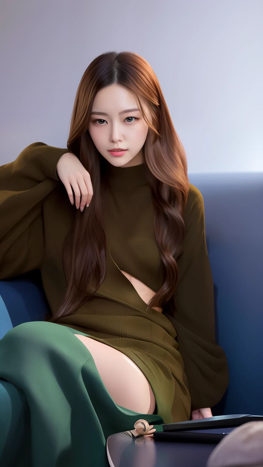 On the sofa lay a woman with long hair。, Her hair is long and straight, With long hair, Long hair hanging down,A man put his hand on her thin waist