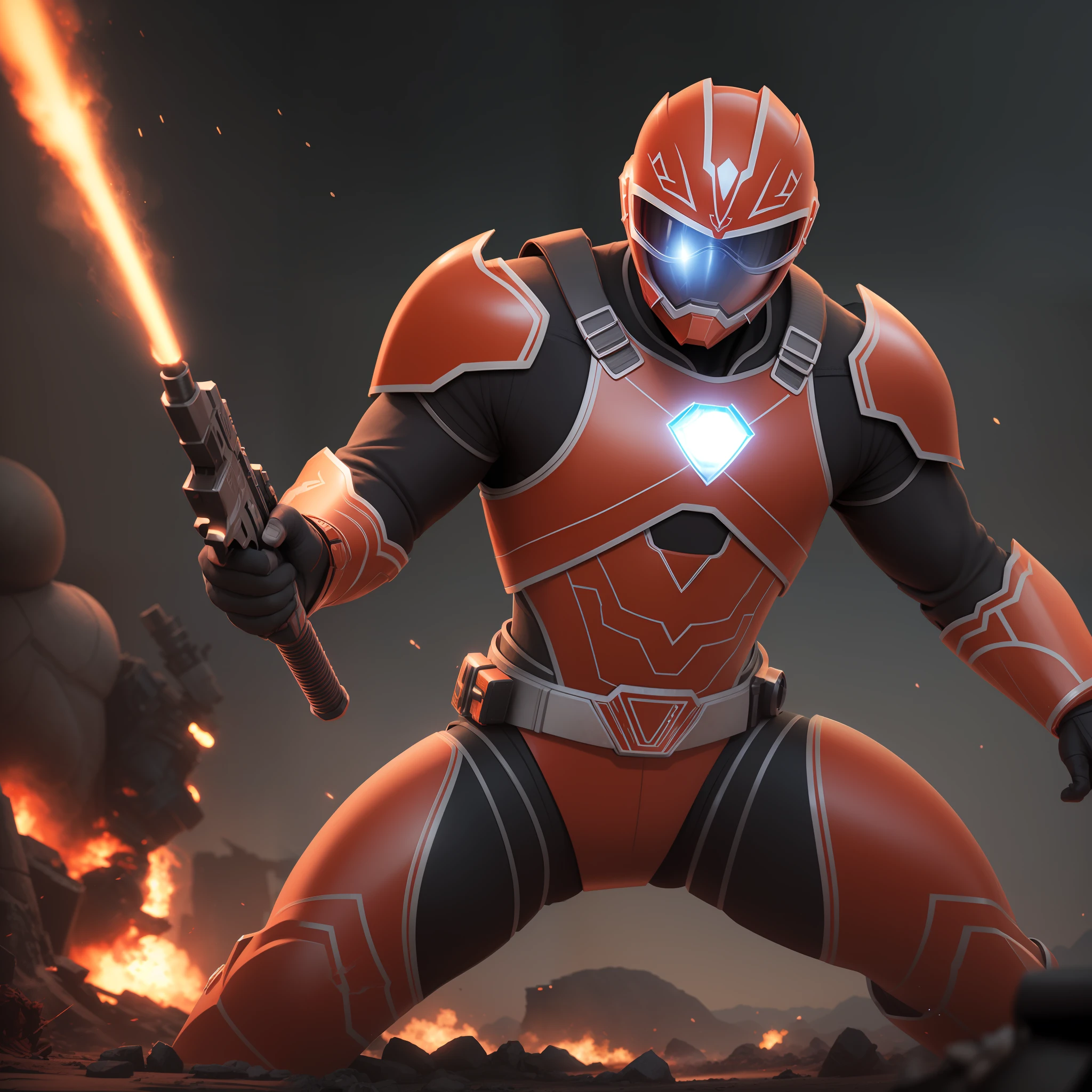 power ranger, red ranger, heroic pose, explosive background, futuristic armor, explosive background, (highly detailed, concept art). unreal engine 5, ray tracing, realistic, 4k, cinematic angle, cinematic lighting, (holding sci fi gun) --auto --s2