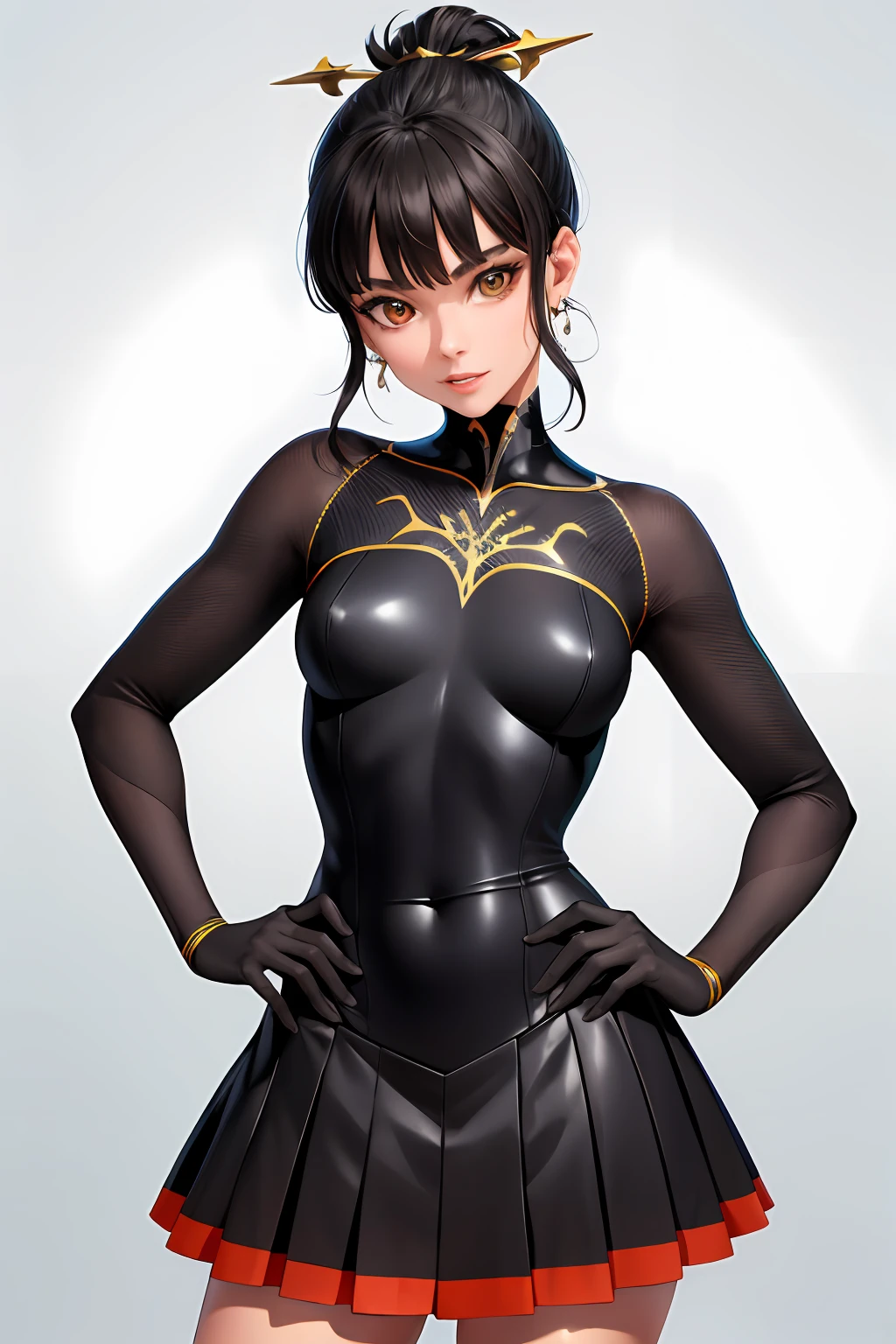 melhor qualidade, jogo cg, 1girl, obra-prima, melhor qualidade, 8k, textura de pele detalhada, textura de pano detalhada, belo rosto detalhado, detalhes intrincados, ultra detalhado, audrey hepburn, uniforme do Homem-Aranha super colado, cabelo preto ondulado, (meio corpo: 1.2)