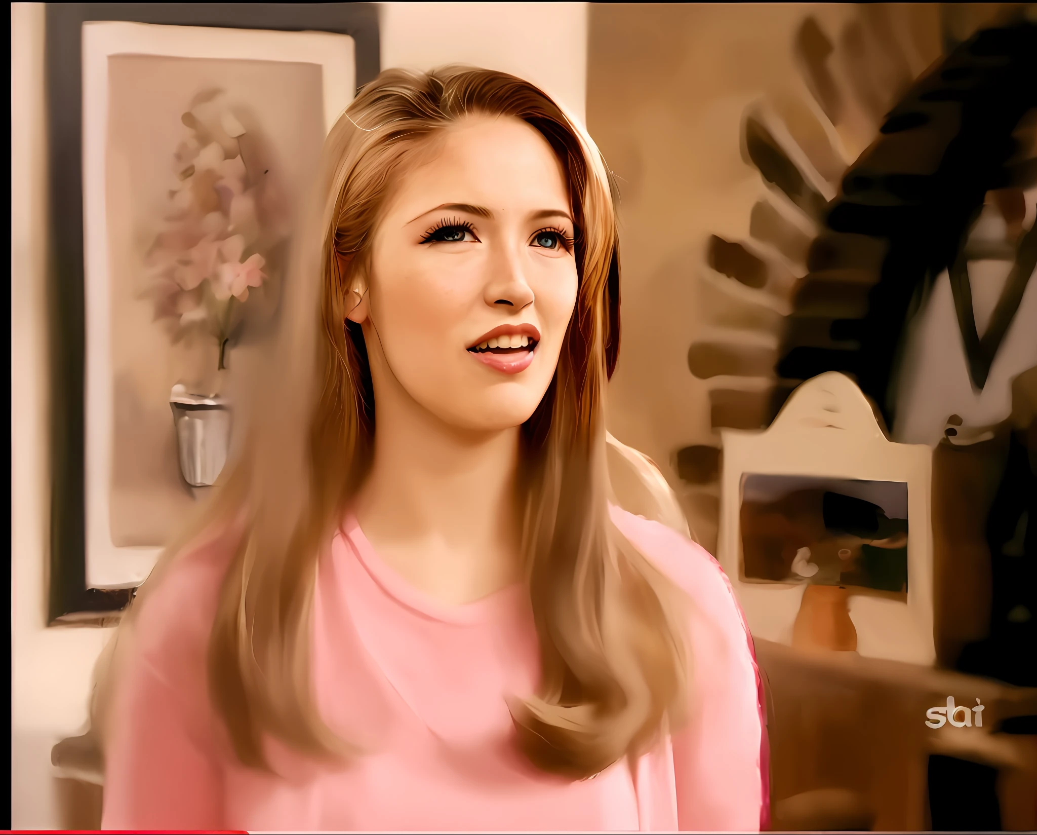 There's a teenager with long hair and a pink shirt, olhos azuis claros, pele branca, sorriso meigo, batom pink inspirado por Rosalie Emslie, inspired by Ánahí , Devon Cady-Lee, pintado digitalmente, She has a sweet expression, ((Saturado)), colorido, filme realista ainda, in a oil painting style, fan art, cena completa filmada, Mia Colucc8 RBD