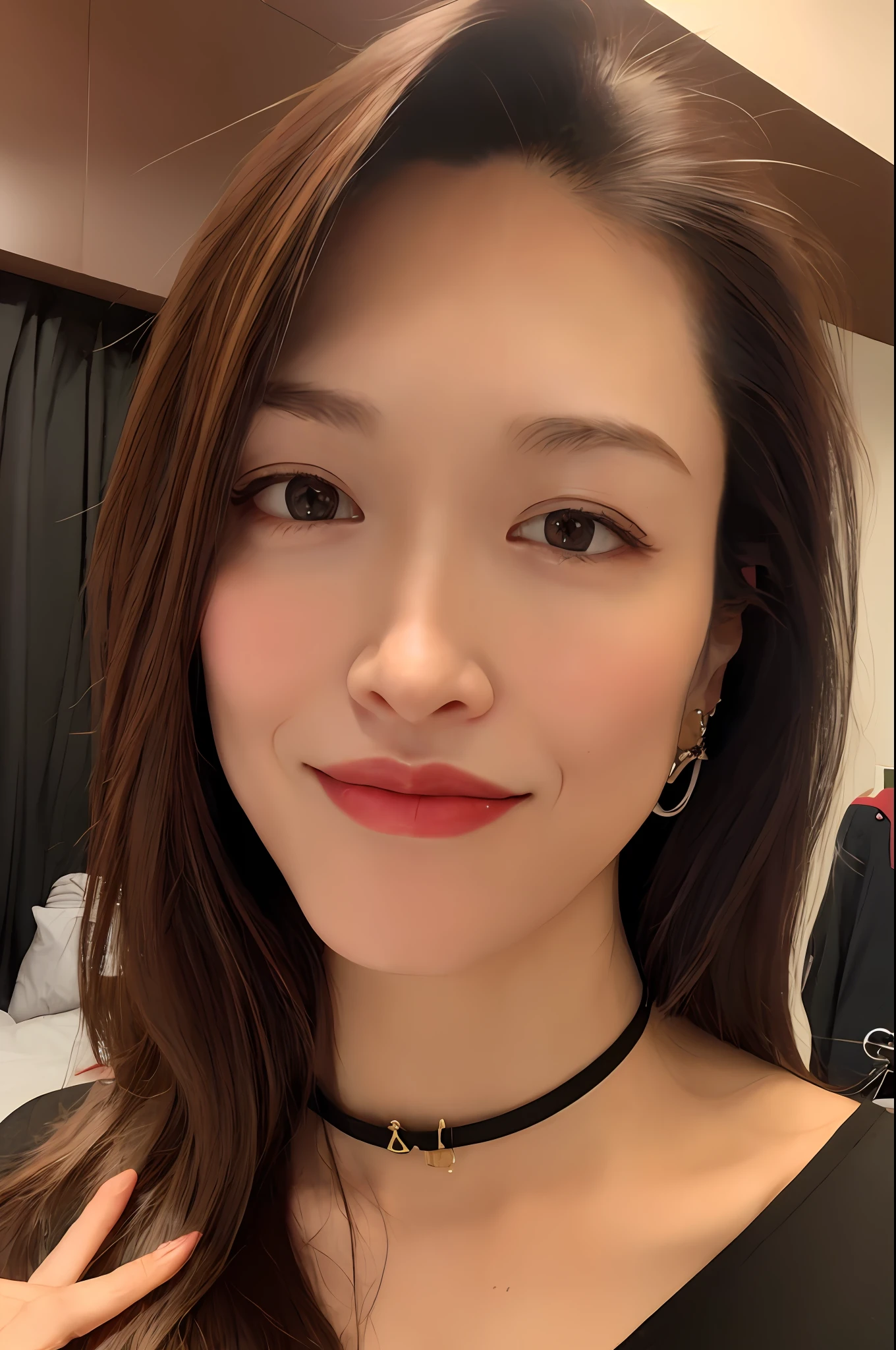（（top-quality，8K，tmasterpiece：1.3）），Beautuful Women，Hide your face，1 girl，big breasts beautiful：1.3，Slender abs：1.1，camisole，，Long gray hair，Dangle earrings，（sit on a bed），Super detailed face，Highly detailed lips，Detailed eyes，二重まぶた，low chest，Selfie angle，choker necklace，Redlip，Punk eye makeup