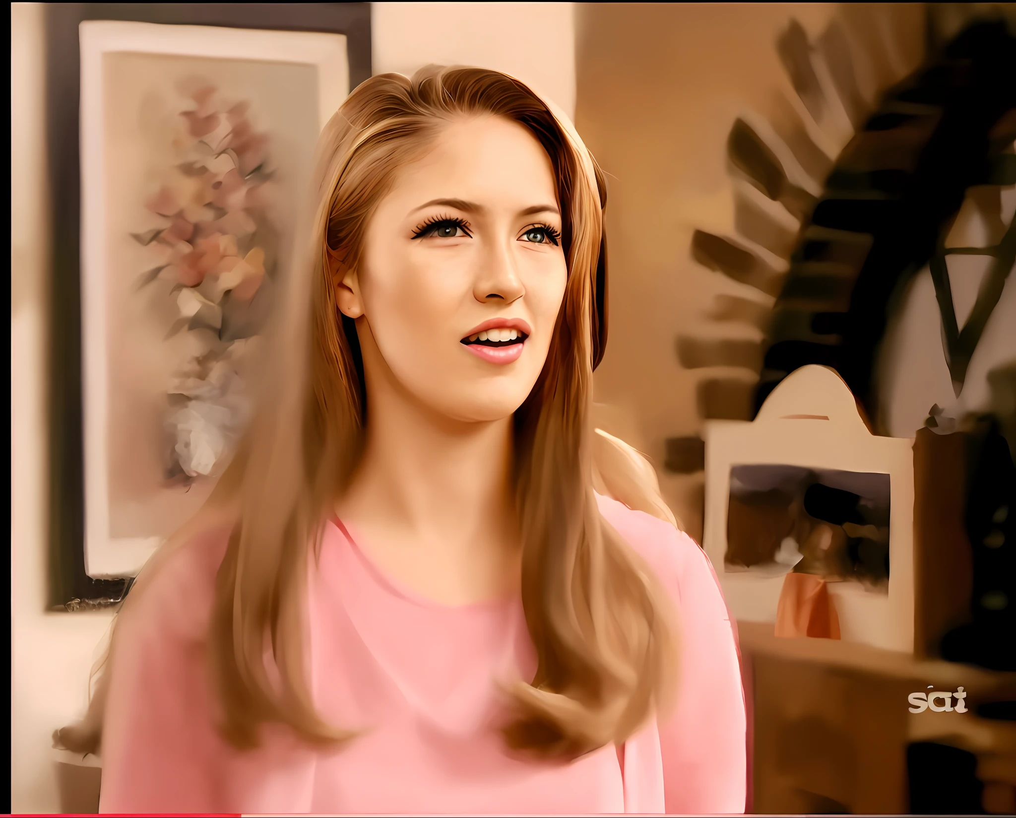 There's a ager with long hair and a pink shirt, olhos azuis claros, pele branca, sorriso meigo, batom pink inspirado por Rosalie Emslie, inspired by Ánahí , Devon Cady-Lee, pintado digitalmente, She has a sweet expression, ((Saturado)), colorido, filme realista ainda, in a oil painting style, fan art, cena completa filmada, Mia Colucc8 RBD