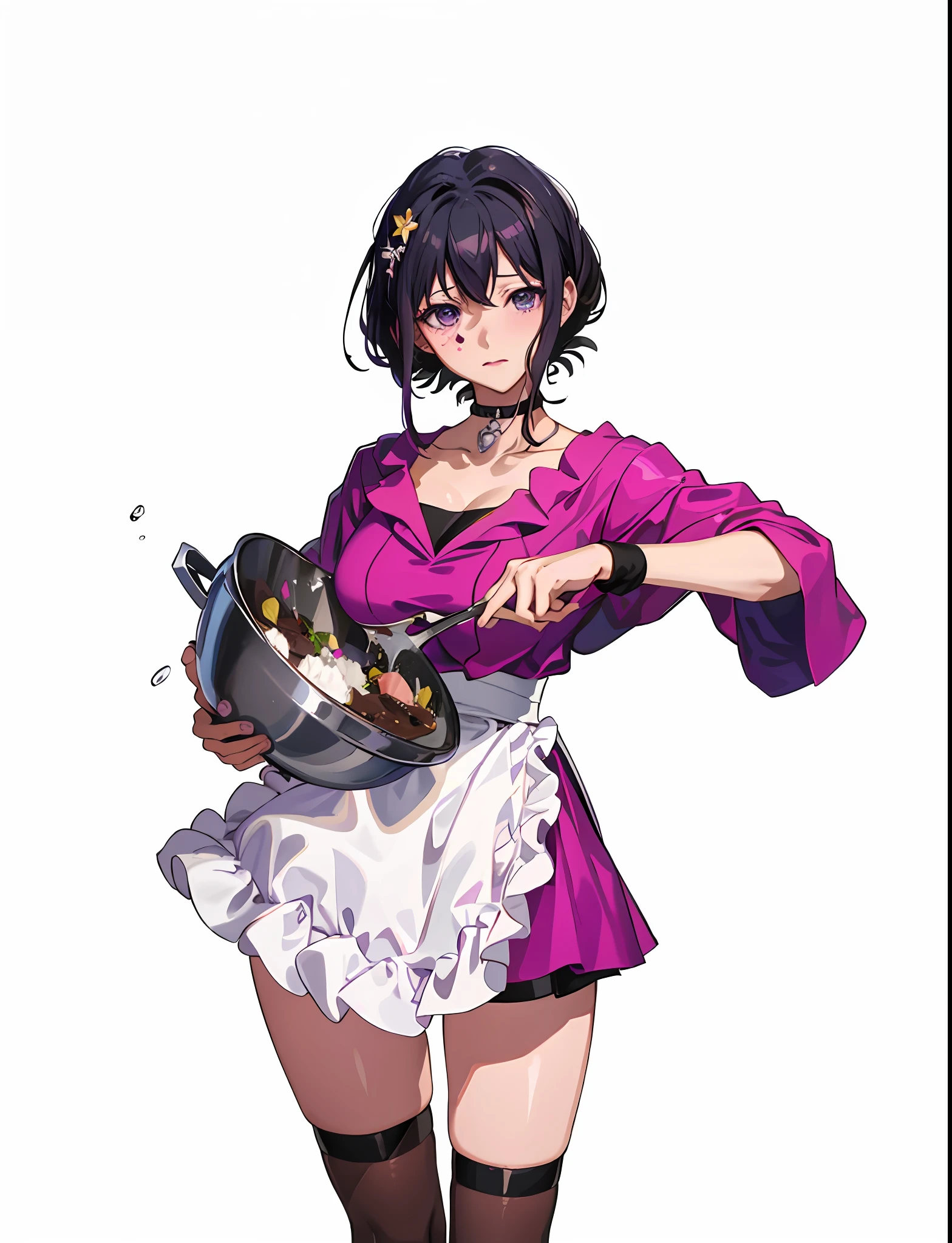 The cook in a purple dress holds pots and pans, fubuki, yayoi kasuma, Misato Katsuragi, official character art, chiaki nanami from danganronpa, offcial art, gapmoe yandere, akane owari danganronpa, shalltear from overlord, nico robin, Tanjiro Kamado