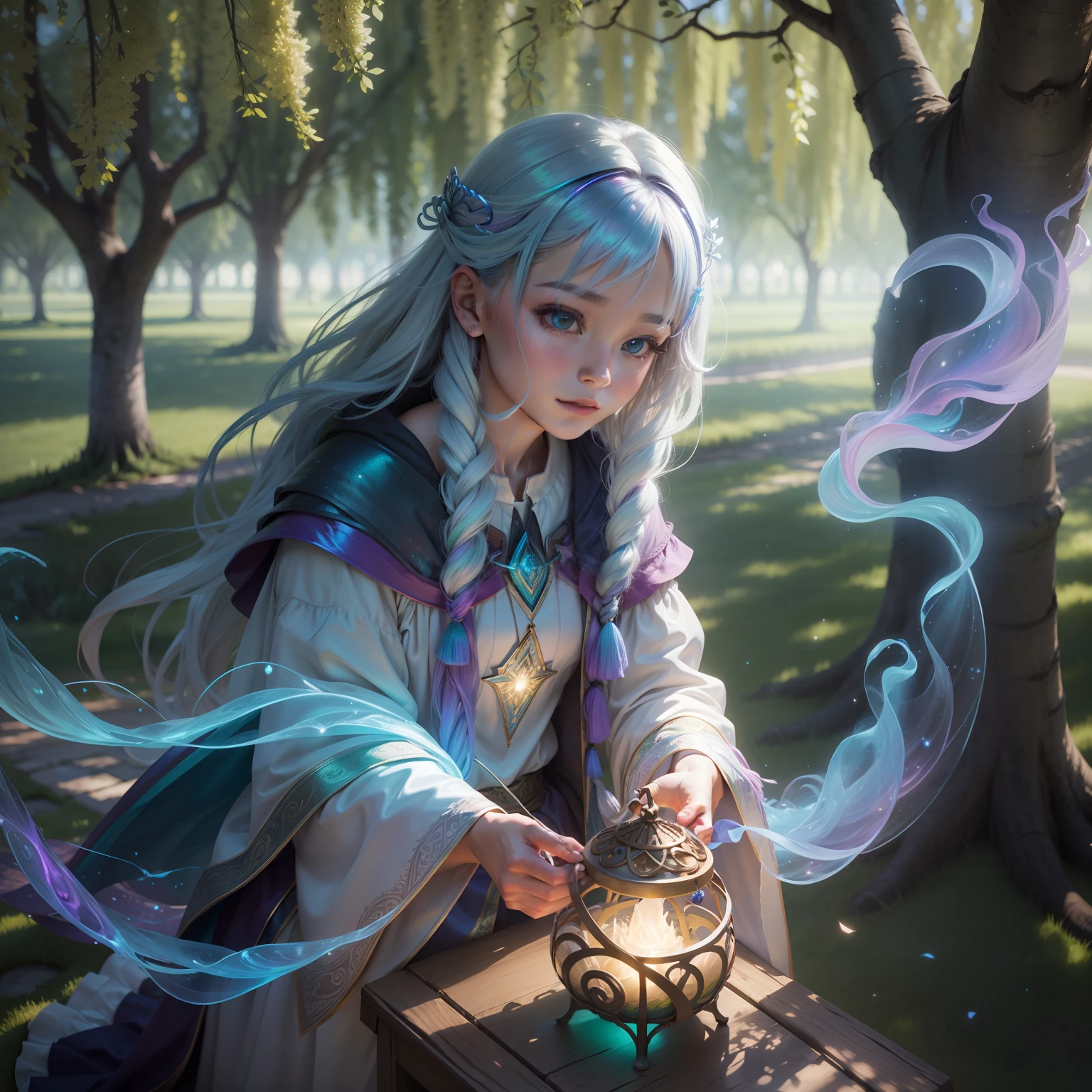 iridescent magic emitting wizard under a beautiful willow tree