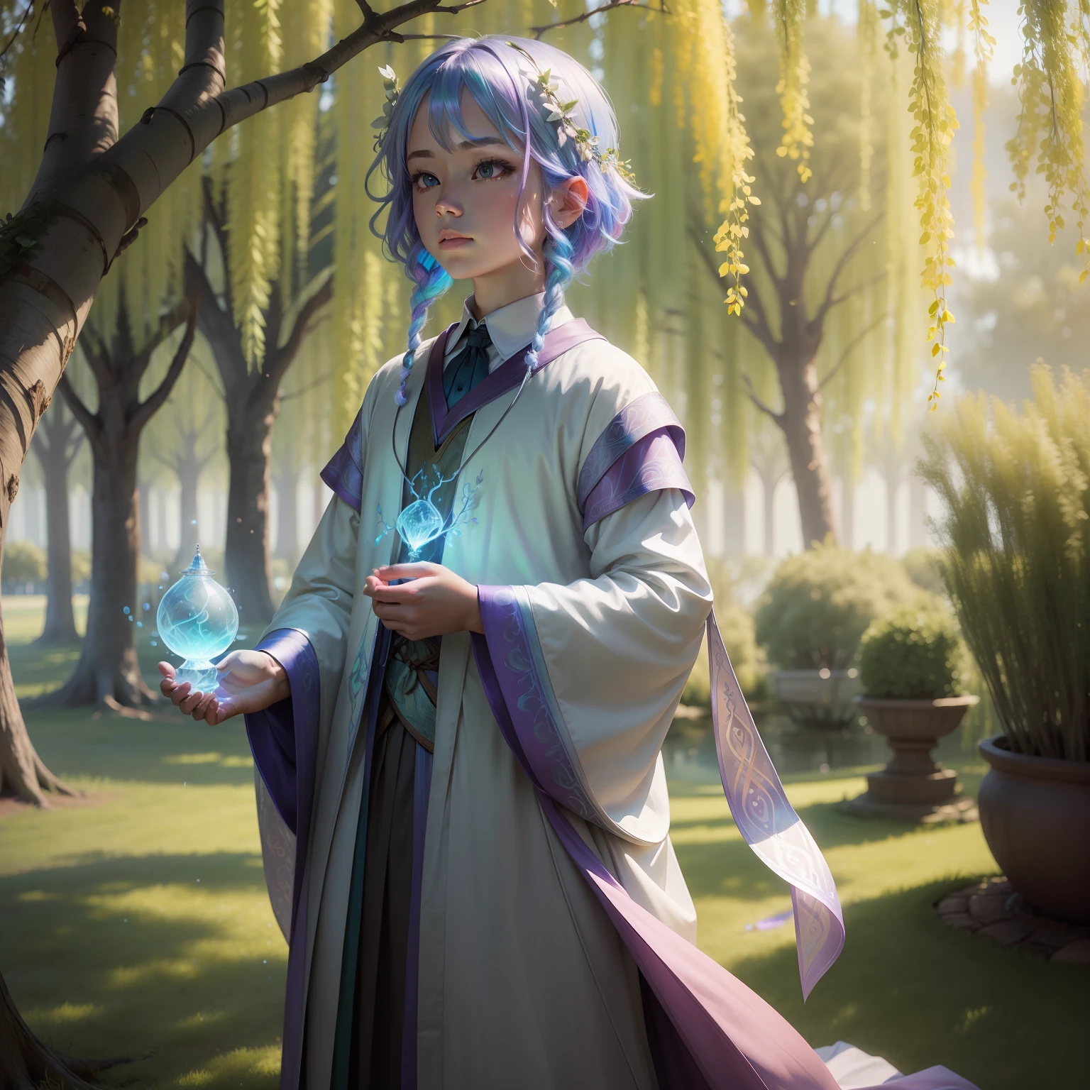 iridescent magic emitting wizard under a beautiful willow tree