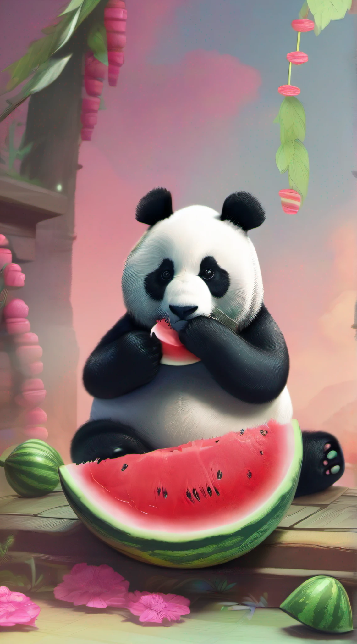 Panda eats watermelon