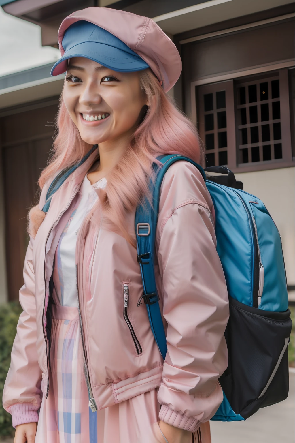 Masterpiece, hd, realistic, 80mm, 1girl photo, 18 y.o, blonde hair, smiling, young Asian woman,pink hair cap, pink jacket, dresses, blue travel backpack, standing in front of building