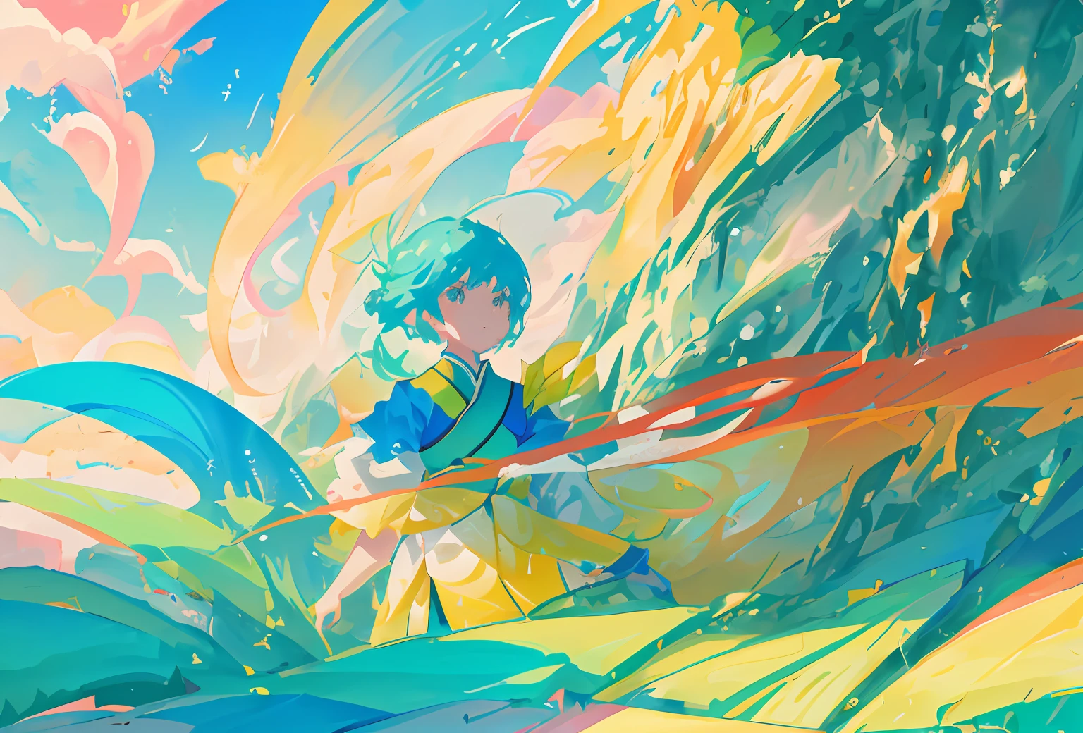(Chinese landscape blue-green summer sun),(夏天,Heat rush,rays of sunshine,green color,blue colors),Light abstract cover art,abstracted,Illustration style,Gradient of color,Pastel color palette,Whimsical animation,ethereal abstract,There are meticulous characters,8K,high detal,Detailed close-up of the face