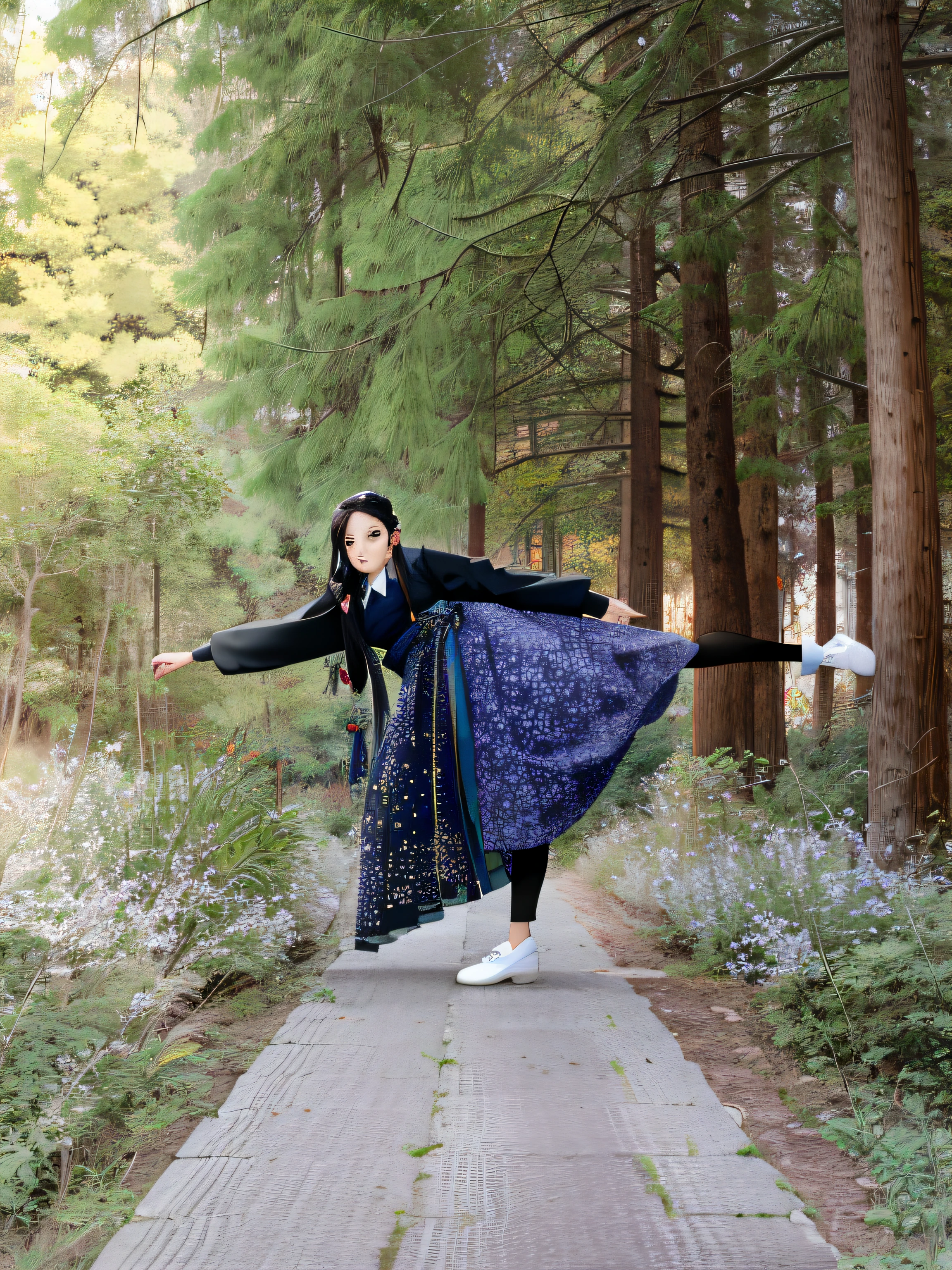 There was a woman standing on the sidewalk in the woods, inspired by Ma Yuanyu, playful pose of a dancer, inspired by Miao Fu, wearing a blue qipao dress, dressed with long fluent clothes, twirl, wearing hakama, inspirado por Kim Jeong-hui, full bodyesbian!! Dynamic pose, with acient chinese clothes, full pose, Pretty looking, Eyebrows are clear