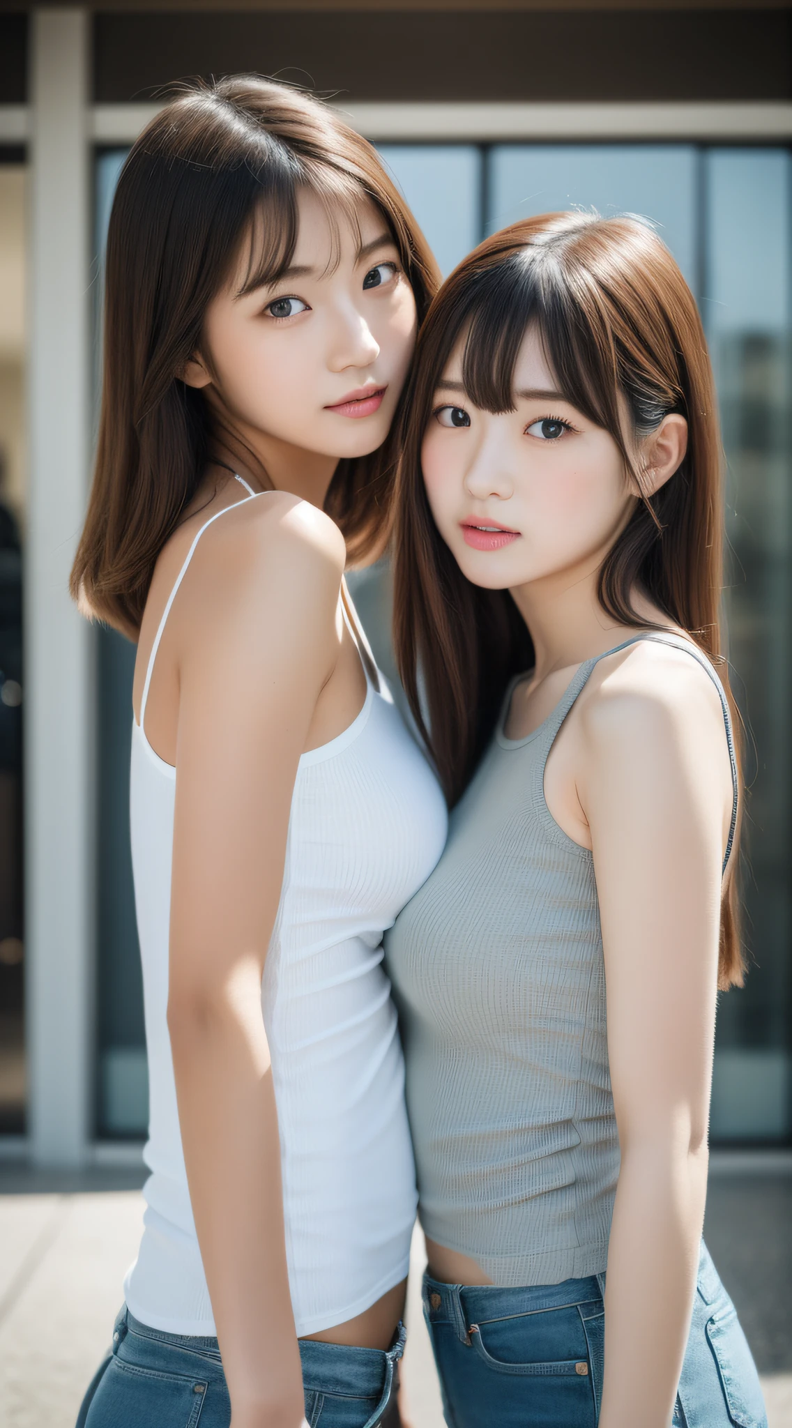 Clear、(Twin girls in the city:1.3)、Faces are similar、(close up of face)、(The body is in close contact)、Looking up from directly above、(Wear a short tank top:1.5)、(Wearing a miniskirt:1.3)、(​masterpiece、top-quality) 、Soft lighting、dynamic ungle、absolutely outstanding image, very extremely beautiful、​masterpiece, top-quality,Photos, kawaii、(Colossal tits:1.3)、20 year old girl、The skin is reddened、Girl with realistic young idol Japan、Young cute gravure idol、Young Sensual Gravure Idol、Young gravure idols、model in Japan、8ｋ