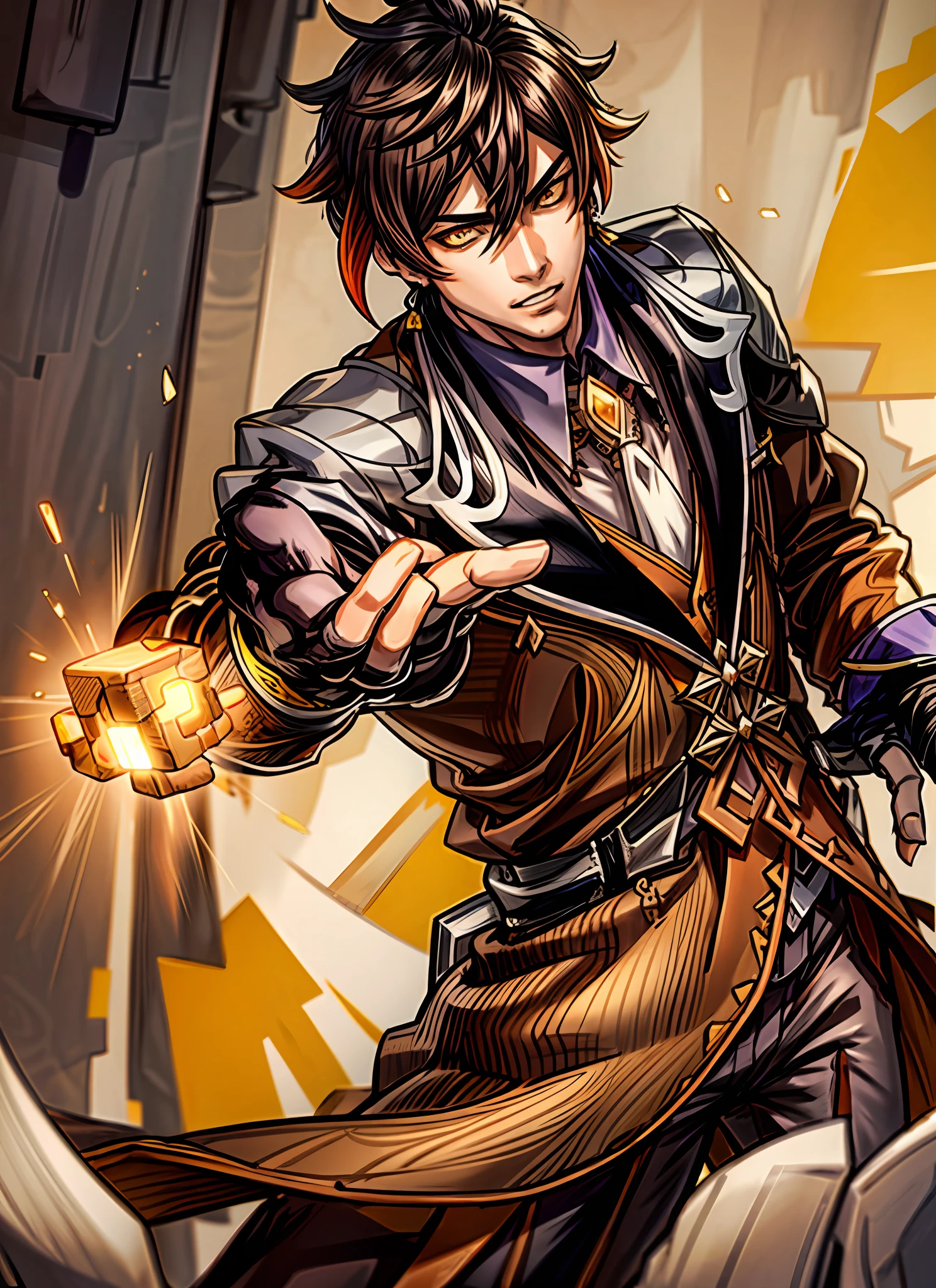 tmasterpiece,best qualtiy,8K,art stations,the wallpaper,offcial art,splashart,tack sharp focus,1 masterpiece, Best quality,Zhongli (Genshin Impact), Long hair, 1 boy solo, Brown hair, single earring, mitts, nipple tassels, bangs, Black gloves, jewelry, Tassel earrings, pony tails, hair between eye, Jacket, Long sleeves, Yellow eyes, shirt, tiese, Collared shirt, formal, suit, floating object,复杂,ellegance,(Solo exhibition)