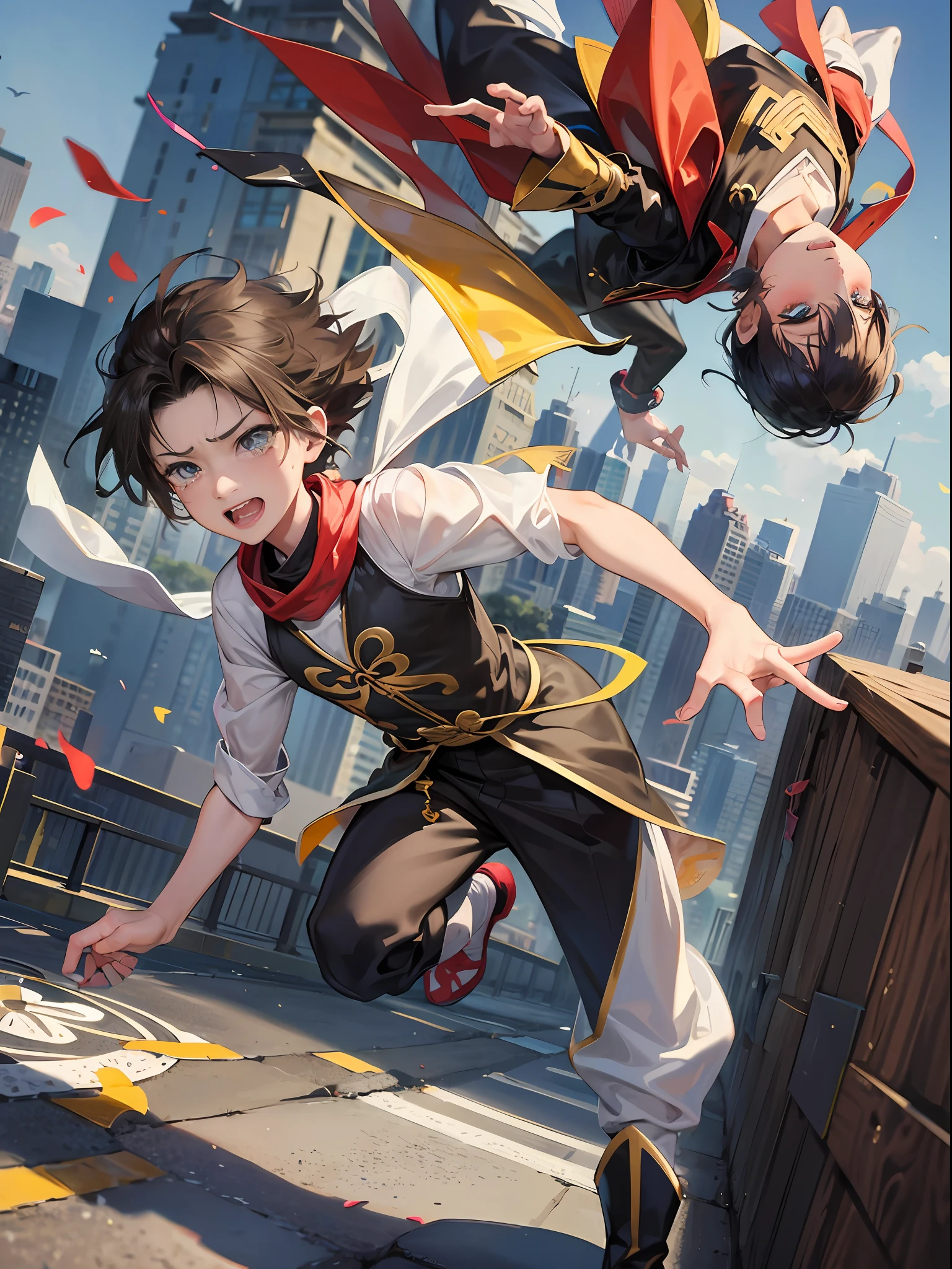 I jumped the wall to run after kite, throws talk away, tears up the neighbor's garbage and a lot of occurrence, for a single little boy is fun to do what is forbidden, way of trickster, bad guy face; --auto