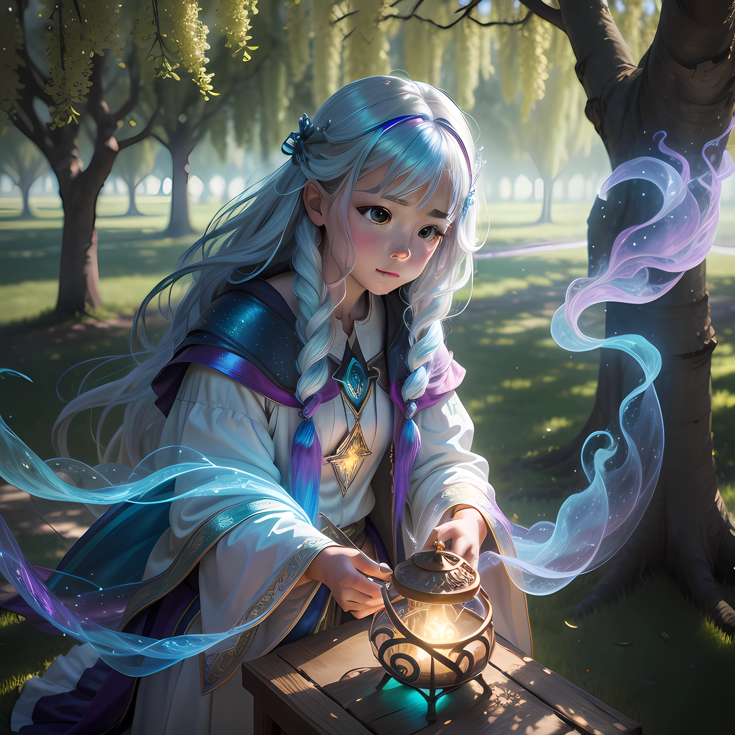 iridescent magic emitting wizard under a beautiful willow tree