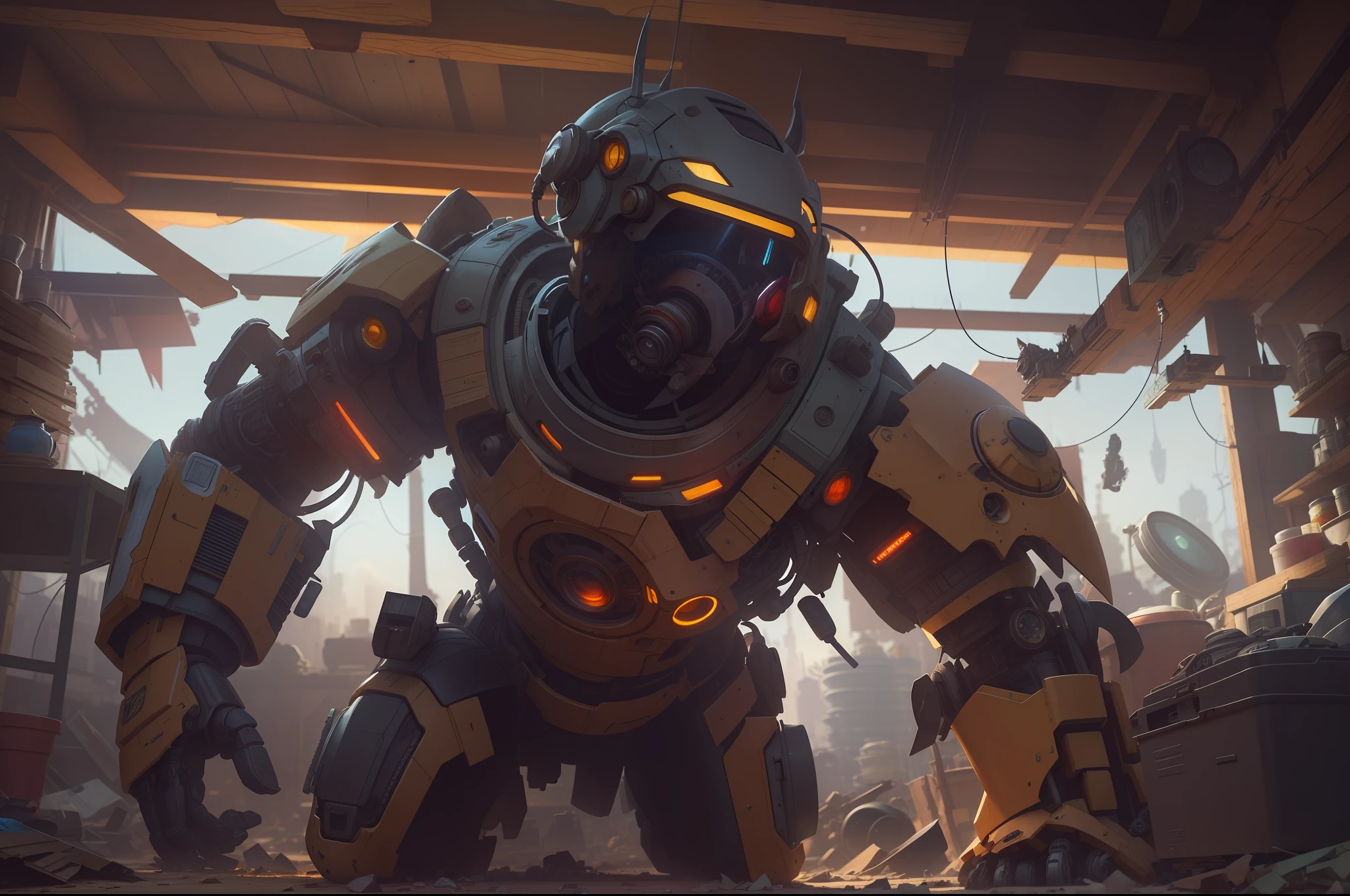 Wide angle Environmental shot in a cluttered and messy shack , action shot, tattered torn shirt, porcelain cracked skin, league of legends, vibrant, photo realistic, realistic, dramatic, dark, sharp focus, 8k."Robot destroyed to pieces with glowing yelow visor as a realistic scifi cyberpunk knight, medium shot, intricate,unreal engine, cozy indoor lighting, artstation, detailed, "james gurney, katsuhiro otomo, james paick, cinematic lighting, vibrant nature, Craig Mullins, Greg Rutkowski, Pete Morbacher, Tuomas Korpi, tekkon kinreet, volumetric light, trending on artstation, octane rendering.", trending on artstation, sharp focus, studio photo, intricate details, highly detailed, by greg rutkowski