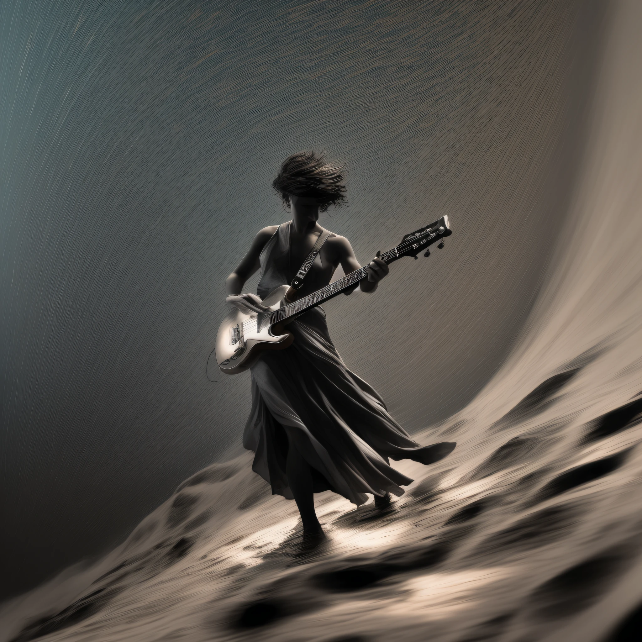 uma escultura de luz 3D altamente detalhada do estilo de arte Joan Fontcuberta representando uma guitarra de buraco negro engolindo centralizada. Motor Unreal 5, cinemactic, Low-angle photography, motion blur, profundidade de campo, dust, Seixos e lama. arte splash, pingando tinta. Perfect color classification. influenciado por karel Appel e jeremy mann, A dramatic and menacing scene, hiper-detalhado, Beautiful, detalhes insanos, detalhes intrincados, Fotografia Editorial, Fotografado na lente de 50mm, profundidade de campo, Tilt Blur, Velocidade do obturador 1/1000, F/22. mapeamento de luz, Ultrabrilhante