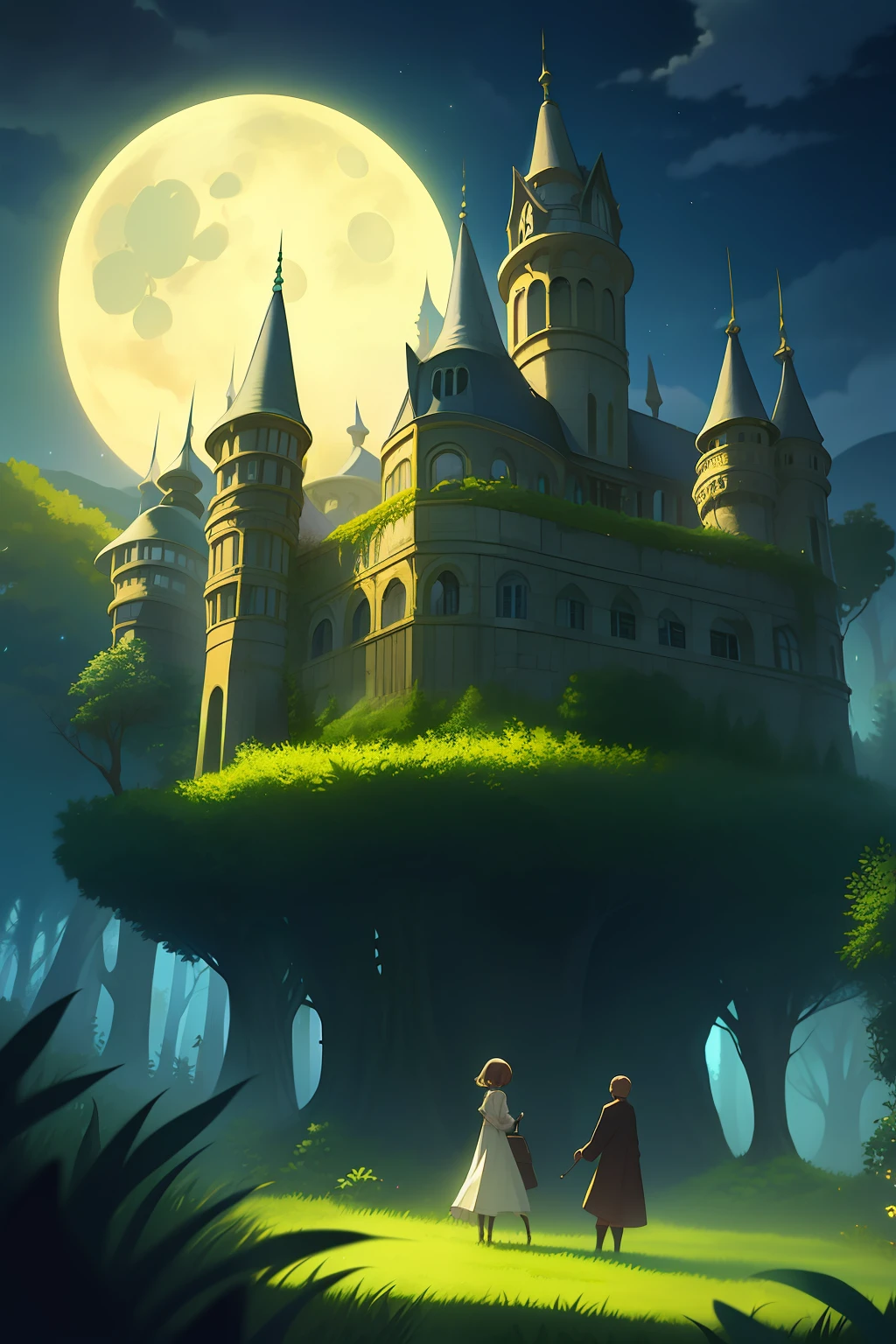 Peaceful forest at night,in a panoramic view,Moonlight sprinkled on the Tyndall pillar of light,Lush trees,Covered in moss,A dilapidated castle stands on the hillside,rays of moonlight,grand master,,tmasterpiece,the night,rays of moonlight,Light and dark relationship,cel shadow