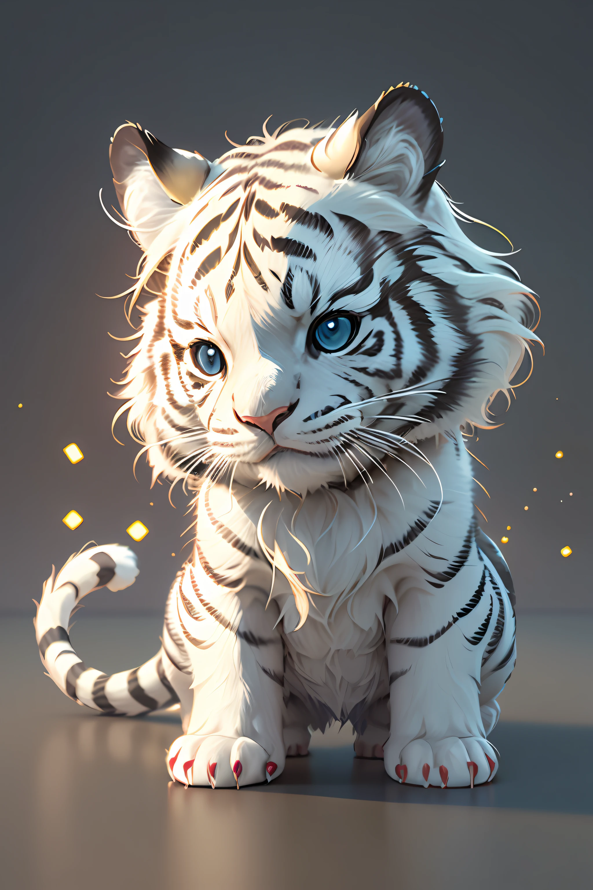 Cute hyper-realistic little white tiger，Eyes of different colors，half-mechanical，tchibi，Lovely and fluffy，Logo design，Cartoony，movie light effect，3D矢量艺术，Cute quirky，Fantasy art，Background bokeh，handpainted，digitial painting，gentlesoftlighting，Isometric style，4K 分辨率，photoreal render，Highly detailed and clean，Vector image，Photorealistic masterpiece，professional photoshooting，simple space background，flat white background，isometry，vibrant vector，(Cyborg man:1.1)，([Tail | detailed wire]:1.3)，(Complicated details)，hdr，(Complicated details，（ultra - detailed:1.2）