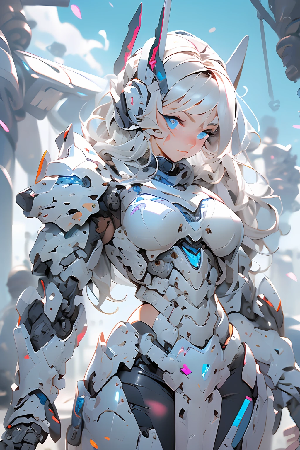 (masterpiece), (best quality), 1girl, beautiful girl, female warrior, battle field, white armor, exoskeleton, mecha, mechanical armor, blue eyes, cinematic light