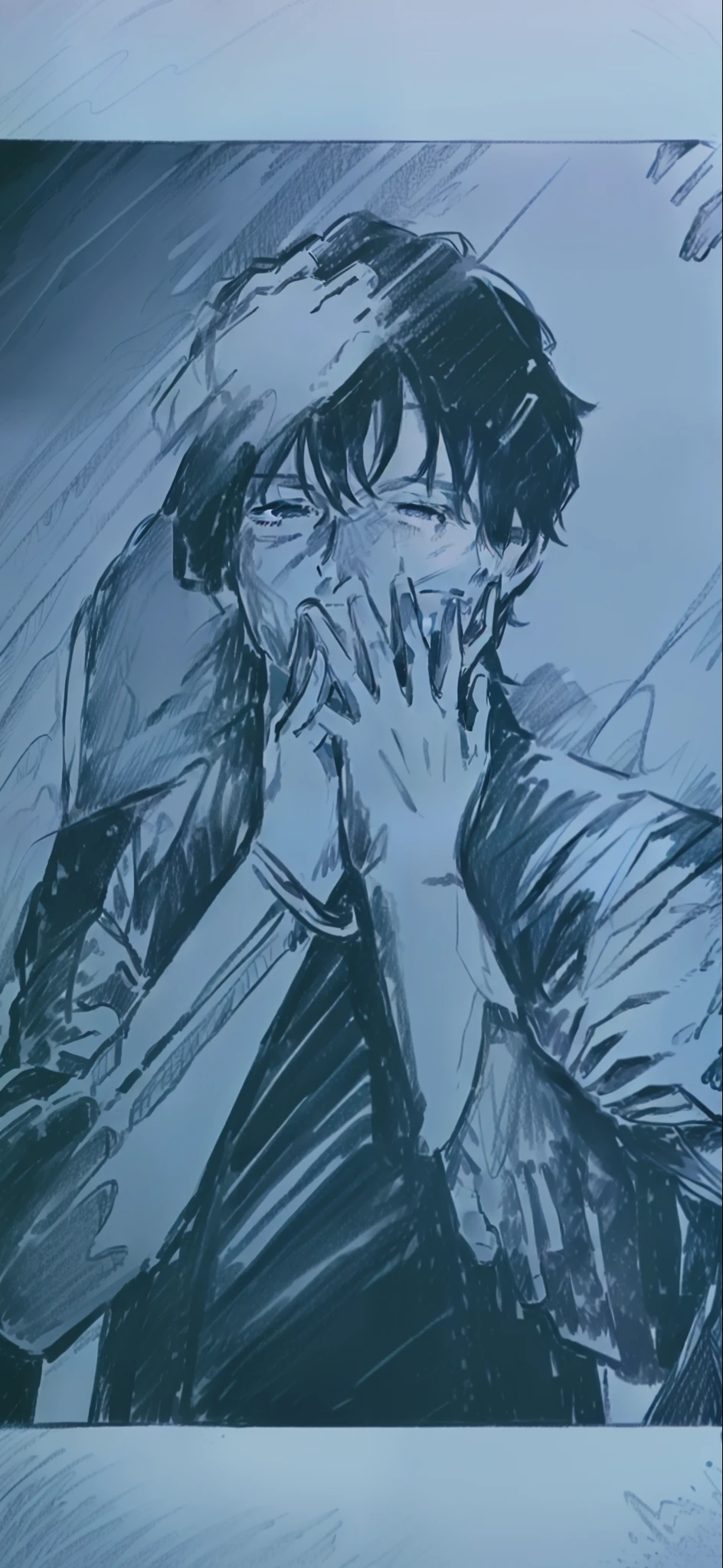 arafed man covering his face with both hands, holding his hands up to his face, his palms are sweaty, jayison devadas style, jayison devadas, inspired by Adam Dario Keel, hand on his cheek, hands on face, giga chad crying, low quality video, he has a devastated expression, horrified look in his eyes