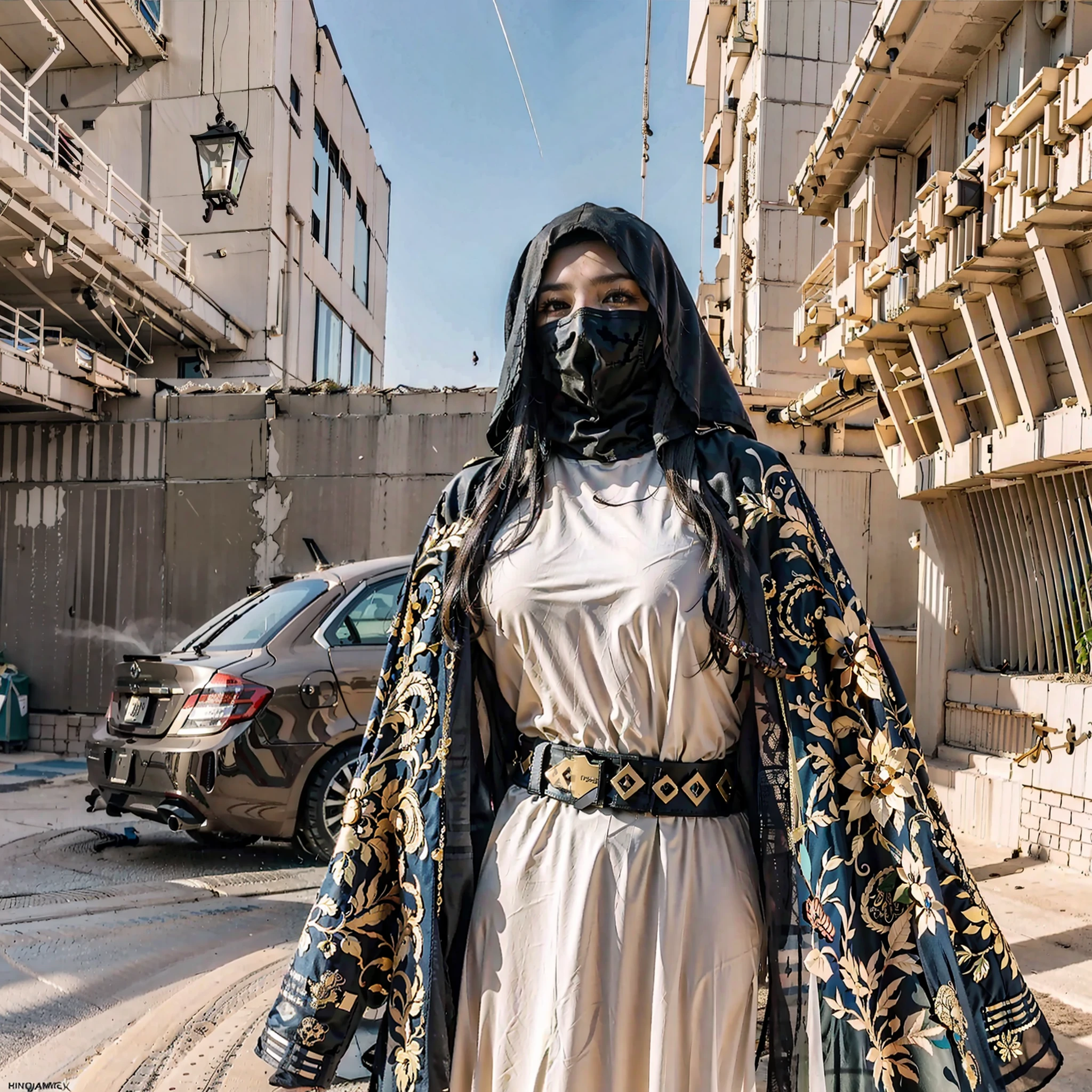 in a panoramic view，photorealestic，8K，Cyberpunk Arabian style，Arab Luxury Women's Military Academy，Luxurious décor，Fabric decoration，Weapon decorations， army car，fighter jets，helicoptere，Three beautiful Arab officers，Wearing the uniform of a modern Arab officer，Covered with an Arabian burqa（Burqa），Arabic hijab（hijabi sluty），Arabian veil（niqab），Black hood，Black mask，bound waist，masked，Only the eyes are exposed，Sharp eyes，Stand in a row at the military academy，Holding the military flag，All masked，Perfectcomposition，professinal，Meistwick，commissioned，best qualtiy，color corrected，After fixation，Retouching，Improvement，Epic，Tone-mapping，the detail， highly  detailed， digitial painting， art  stations， Conceptual map of the long dam， Smoothness， Sharp focus， Beautiful illustration， photore， The light from the back window is backlighted， 动态照明， Mist， 复杂， cinematic grain， professinal， face to the viewer，（Beautiful m3d_woman， Perfect M3D_face,）， Volumetriclighting， subsurfacescattering， Good highlights， Good shadows， cinematic ligh