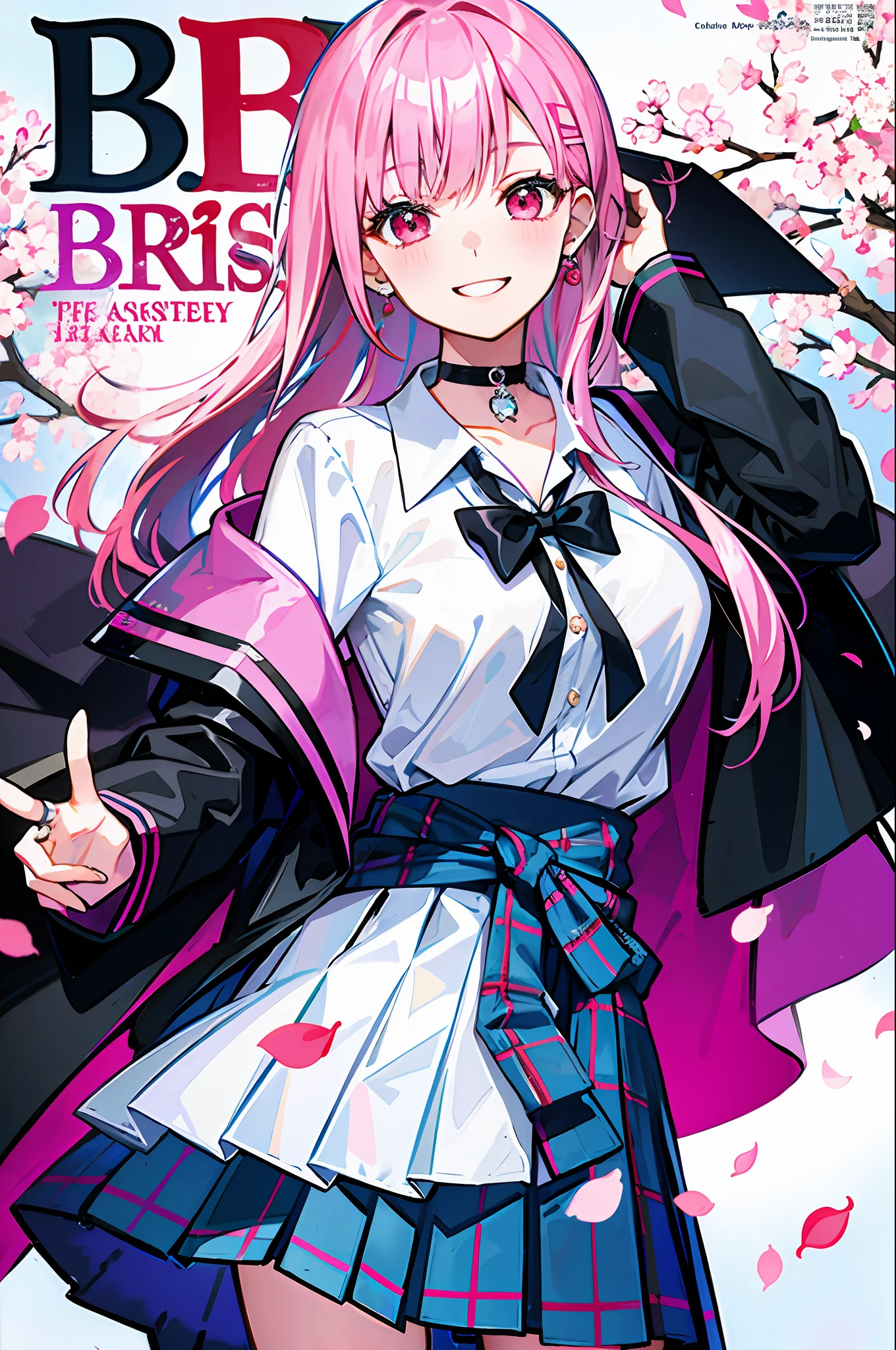 masterpiece, best quality, full body, 1girl, bangs, black choker, black tie, pink hair, blue skirt, blush, bracelet, large breasts, choker, clothes around the waist, collarbone, collar shirt, cowboy shot, dress shirt, ear piercing, eyebrows visible through hair, gradient hair, smile, gyaru, jewelry, kogal, long hair, looking at the viewer, loose tie, tie, piercing, plaid skirt, pleated skirt, red eyes, ring, school uniform, shirt, skirt, smile, solo, white shirt, street, sky, cherry blossoms, petals, illustration, (magazine: 1.3), (cover style: 1.3), elegant, woman, vibrant, clothing, posing, frontal, colorful, dynamic, background, elements, confident, expression, holding, statement, accessory, majestic, rolled, around, touch, scene, text, cover, bold, eye-catching, title, stylish, font, catchy, headline, bigger, impressive, modern, fashionable, focus, fashion,