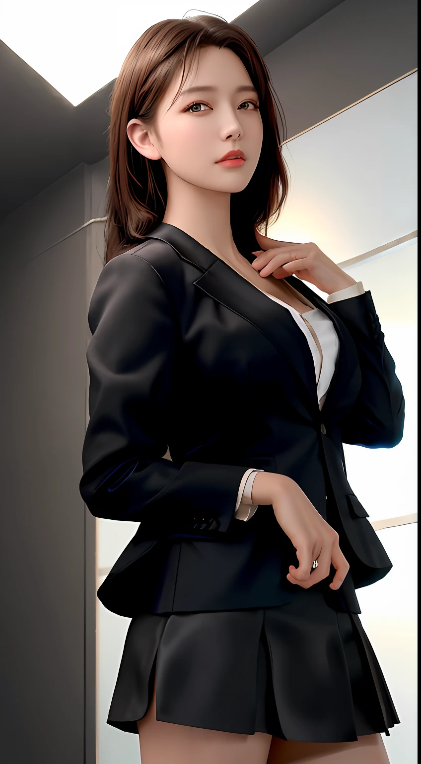 best quality, masterpiece, 1girl, Beautiful face, (photo realistic:1.3), rim lighting, (high detailed skin:1.2), 8k uhd, dslr, high quality, high resolution, 4k, 8k, Bokeh,  absurdres, best ratio four finger and one thumb, (realistic:1.3), cute 1girl, wearing black formal blazer, medium breasts, short skirt,