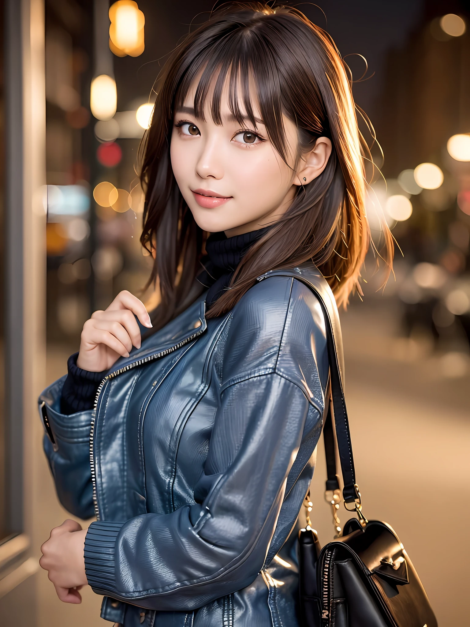 product quality, 1 girl per 1 photo, cowboy shot, front view, a Japanese young pretty girl, long bob hair, wearing a marriage ring, at night, staring at the night view with a big smile in London, wearing a long sleeves leather jacket over a black knitted turtleneck sweater, wearing denim pants, a shoulder bag, hyper cute face, glossy lips, double eyelids for both eyes, natural makeup, shiny smooth light brown hair of long bob hair, asymmetrical bangs, tanned skin, central image, 8K resolution, high detail, detailed hairstyle, detailed face, cinematic lighting, octane rendering, hyper realistic, perfect limbs, perfect anatomy