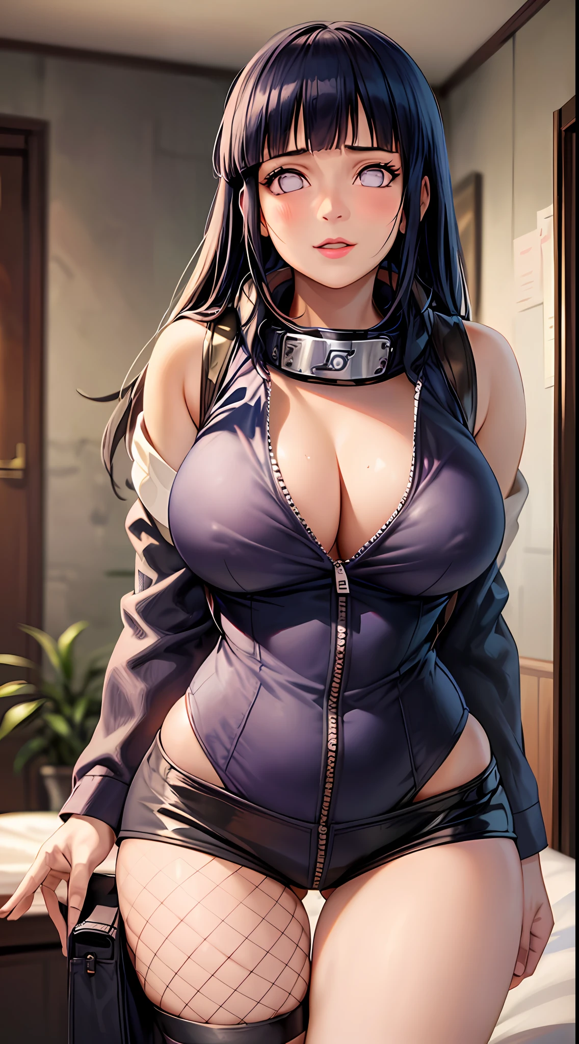 Masterpiece, highres, high Quality, detailed face, detailed body render, 1girl, solo, hyuuga hinata, hinata-sleeveless-outfit, large breasts, big breast, sleeveless shirt, fishnet top, dark lips, unzipped jacket, no bra, breasts out, nipple, standing, blushes, (on bedroom)