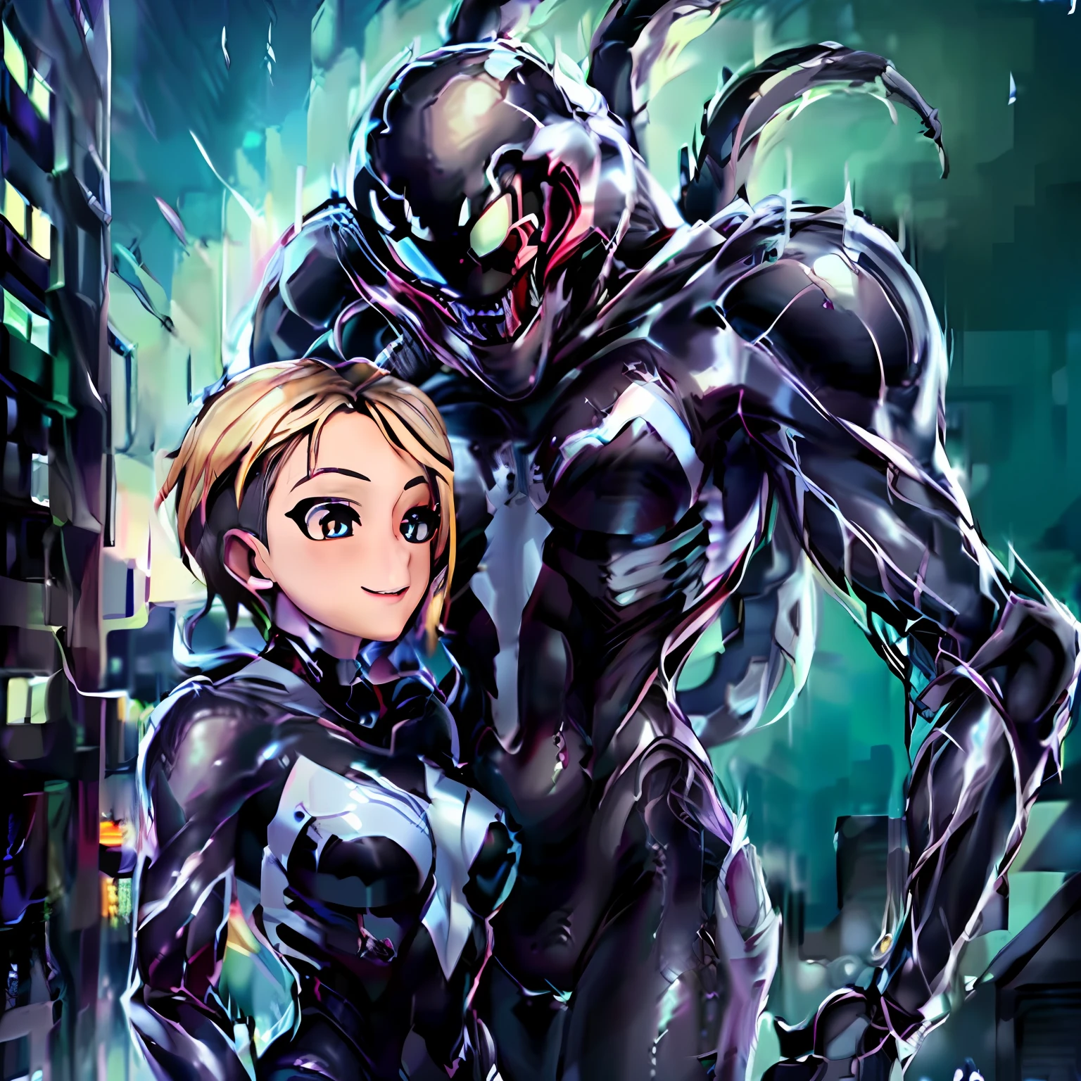 (high resolution, Masterpiece, Top quality, highly detailed CG, Anime, offcial art: 1.4), ahe-face, Blonde hair, photore, amazing fine details, all intricate, Shiny and shiny, wonderful many layers, 8K wallpaper, 3D, Sketch, illustration, (Solo: 1.4), Transformation, Corruption, (fusion of xenomorph and lady), (xenomorph form lady), (xenomorph female), (xenomorph face), (xenomorph body fused), (xenomorph body), (xenomorph tail), (Fusion)), (xenomorph female type) (Solo: 1.4), (Evil smile: 1.2), (xenomorph black exoskeleton biosuit:1.4), (xenomorph black exoskeleton bio-armor:1.2),xenomorph cosplay, Black skin,