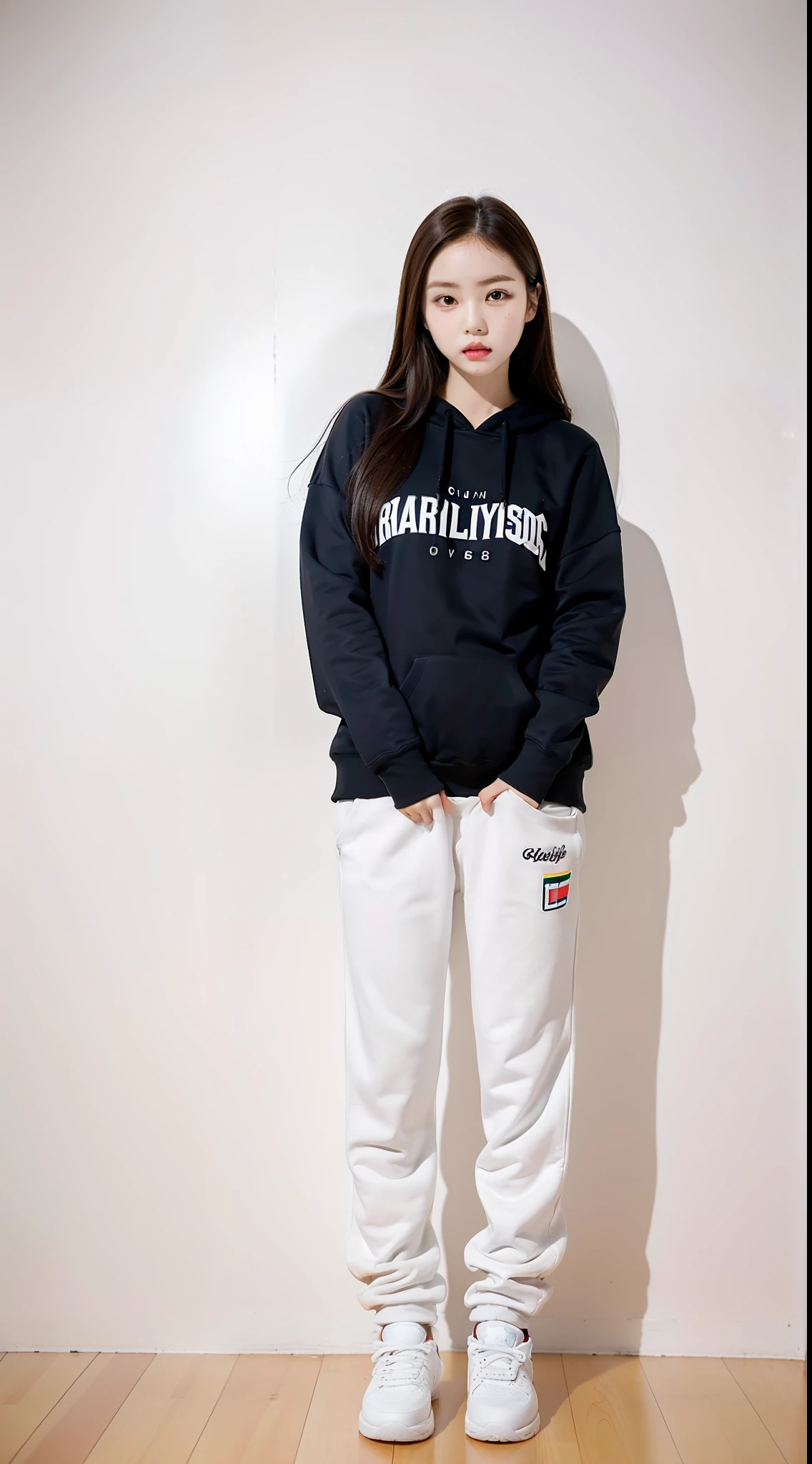 1 young girl，photography of，full bodyesbian，（tmasterpiece：1.2），（best qualtiy：1.3），1girll，standing on your feet，Asian faces，largeeyes，Blank background，Sweatshirt sweatpants