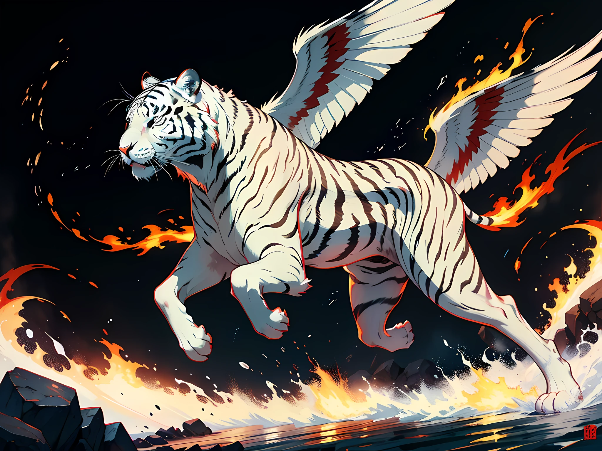 "the white tiger,wings,salama,fire glow,Red and white color scheme,best qualtiy,tmasterpiece"