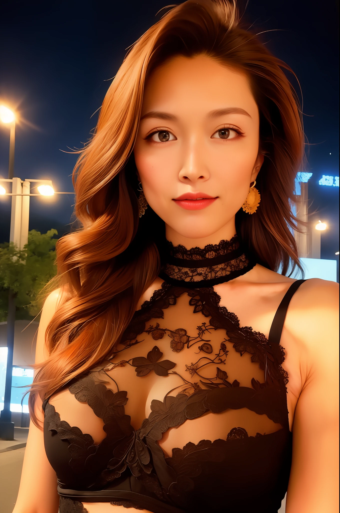 Woman posing on street corner at night wearing black tight dress, top quality, high resolution, 8k, girl, 1 person, (huge breasts), daytime, bright, outdoor, (street: 0.8), (people, crowd: 1), (lace) - trimmed dress: 1.5, light orange dress: 1.5, orange high neck dress: 1.5, sleeveless dress, orange dress: 1.5), gorgeous, (medium hair), beautiful detailed sky, beautiful earrings, (dynamic pose: 0.8), (upper body: 1.2), soft lighting, wind, shiny skin, gaze,