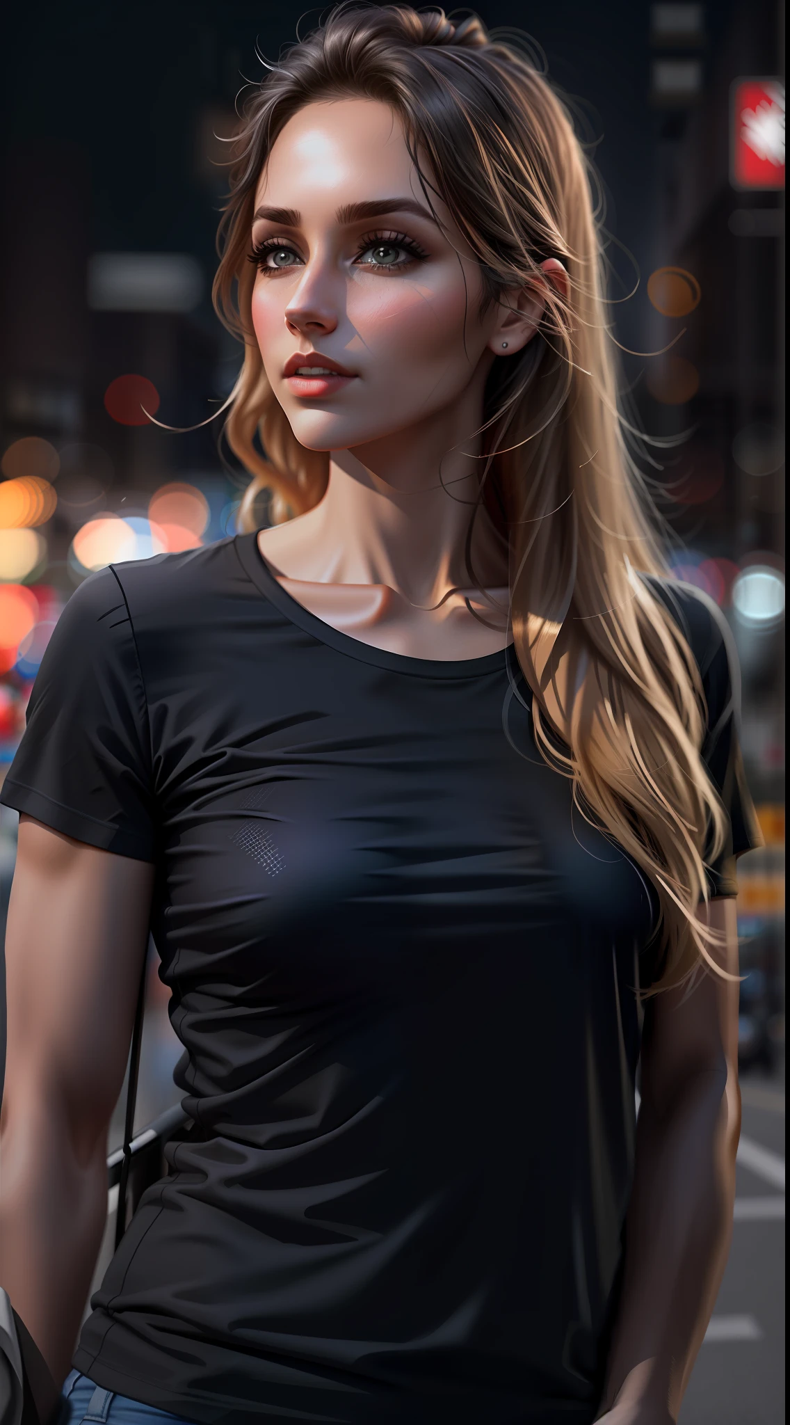 create a t shirt mock up, of a average looking woman wearing a black t shirt in a city, make it look like a real human creases in the face, no filters, all natural looking human skin