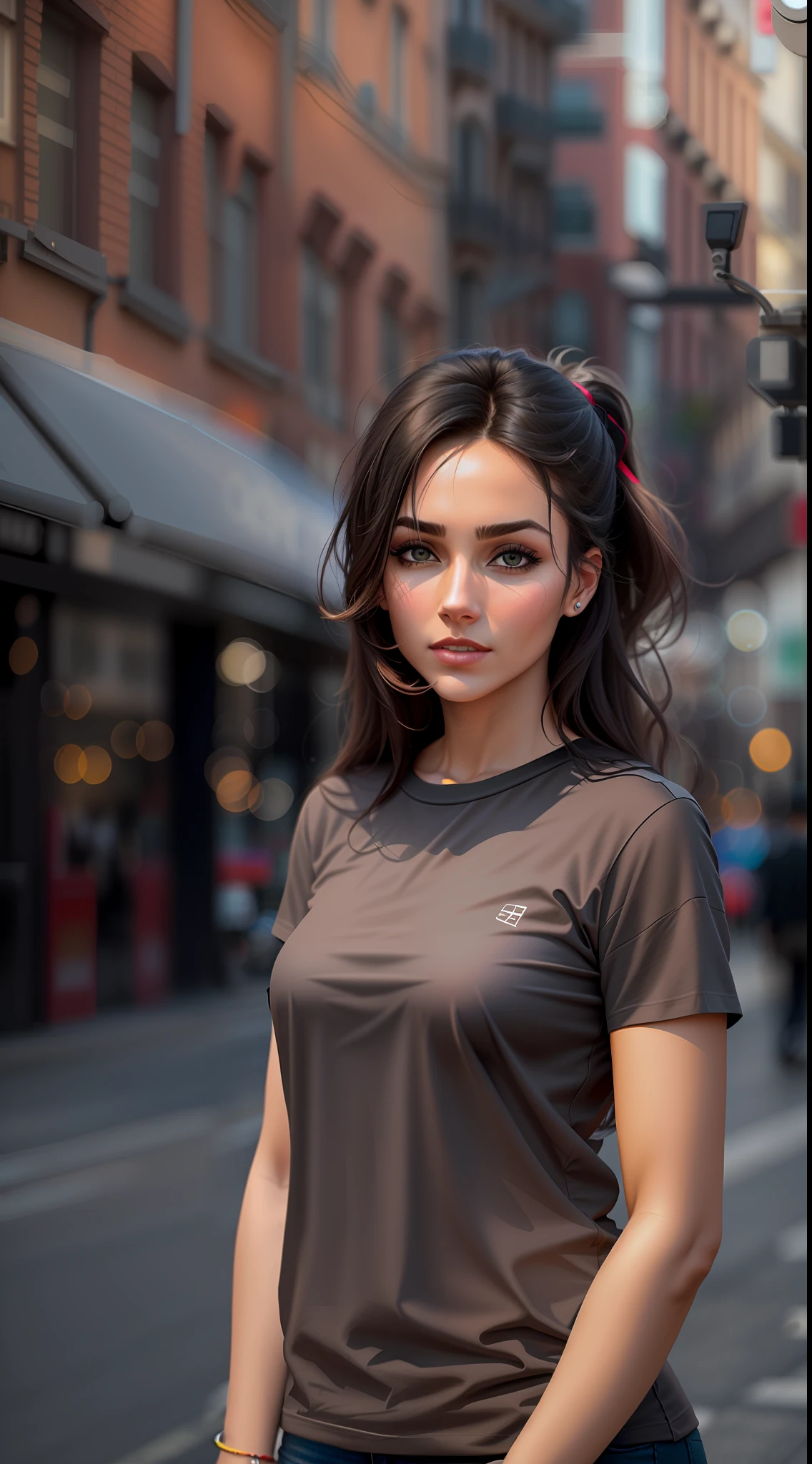 create a t shirt mock up, of a average looking woman wearing a black t shirt in a city, make it look like a real human creases in the face, no filters, all natural looking human skin
