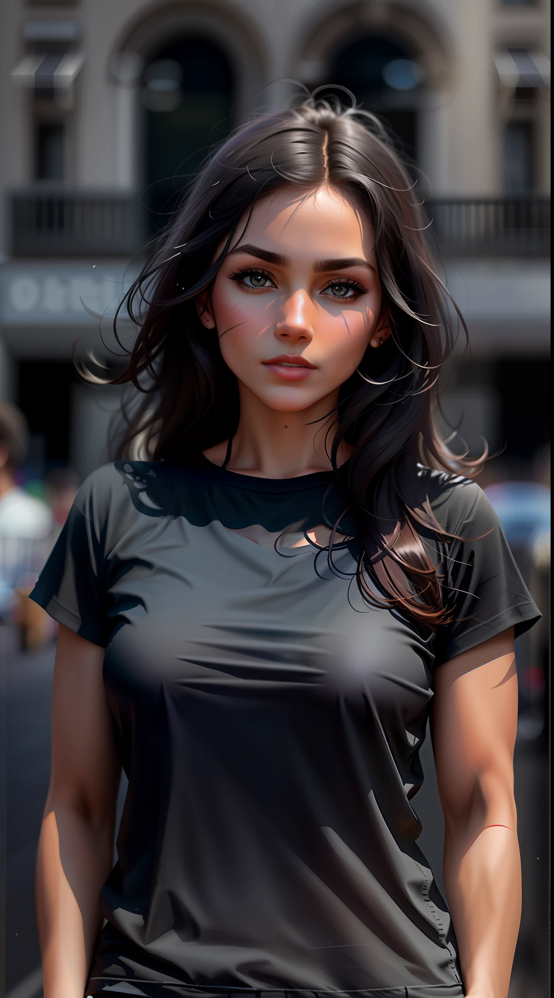create a t shirt mock up, of a average looking woman wearing a black t shirt in a city, make it look like a real human creases in the face, no filters, all natural looking human skin