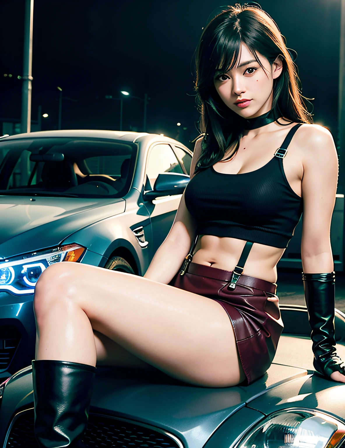 (8K, top-quality, masterpiece:1.2), (realisitic, Photorealsitic:1.37), ultra-detailliert, 1girl in,cute little, 独奏, (Tifa Lockhart), (Colossal tits),(beatiful detailed eyes), (A smile:1.2), (a closed mouth), erotic posing, dance, Neon light, A city scape, depth of fields, Dark strong shadows, foco nítido, Bolides, motion-blur, motorbike, depth of fields, good compositions, Green glowing light, Final Fantasy VII, date,(Nasal blush), Single elbow pad、Ankle Boots、A dark-haired、black thigh、Red boots、elbowgloves、elbow pad、Fingerless gloves、Tense shirt、Sportsbra、(Suspender Black Skirt)、thighs thighs thighs thighs、white tank tops、full body Esbian、head rest、s lips、kawaii faces、Long hair of a ro-tie、((Red_Eyes))、yellow flower、(natta:1.3)、with an intricate、bokeh dof、电影灯光、photon maping、Radio City、physically-based renderingt、(Tetsuya Nomura Style)、 perfect chest、(Open your legs in front of eye level)、((Sitting on the hood of a luxury car and opening your legs))、