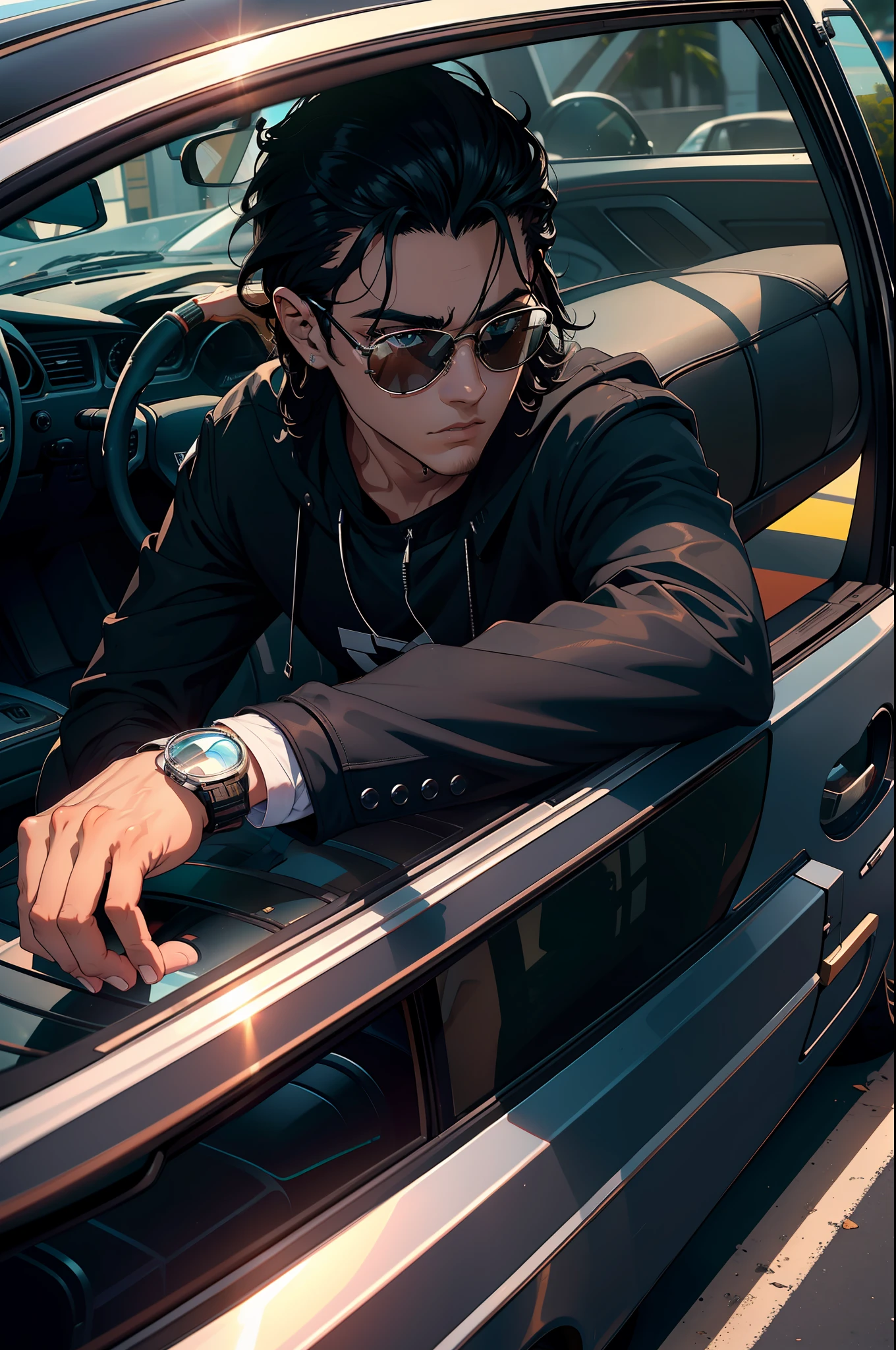 jovem rapaz, 25 anos, cabelo preto, dentro de carro conversivel, oculos preto, rayban, oculos escuros, confiante, jaqueta vermelha, luz em seu rosto, forte luz, arm out of the car