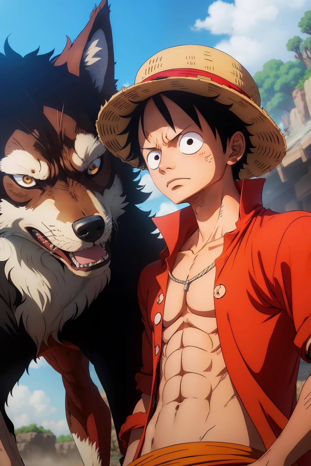 《One Piece》The protagonist Luffy resists a wolf as the main best quality portrait