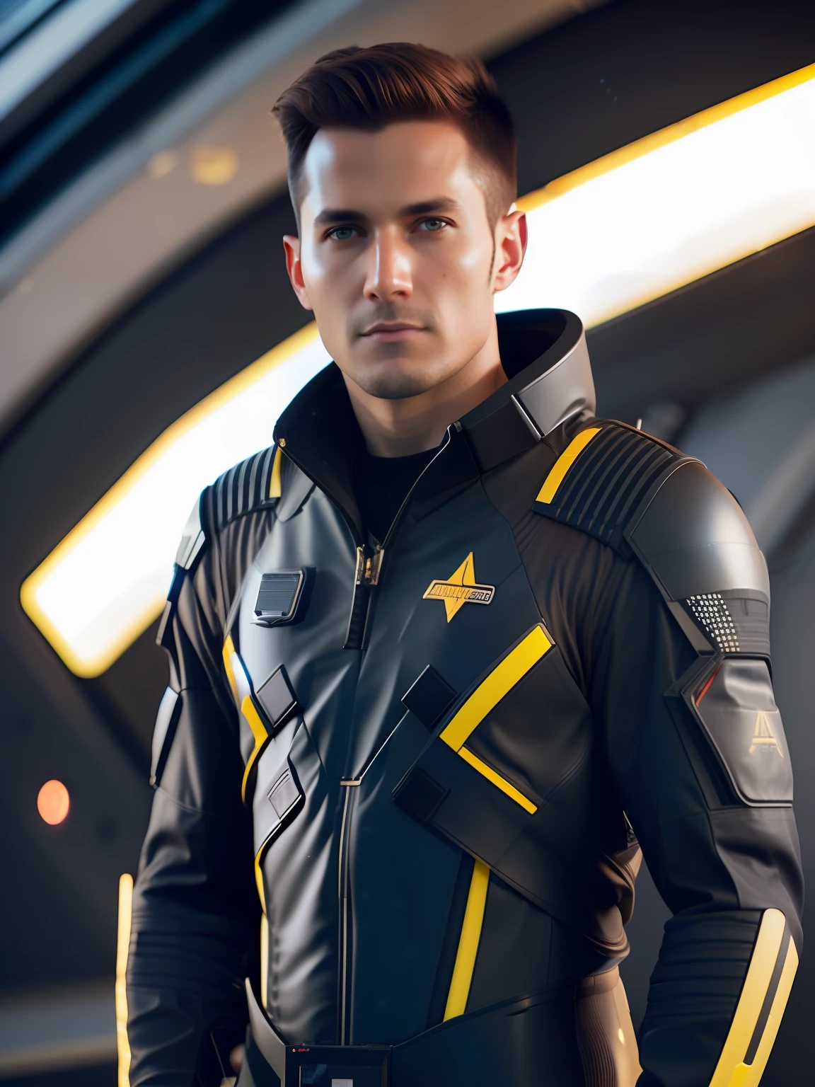 fking_scifi, award-winning photo of a man, black flight suit with yellow accents, brown hair, (gray eyes:1.35), square jawline, asymmetric face, standing in front of a window on a space ship, 80mm, bokeh, mass effect, close up, fking_cinema_v2, ((wireframe))