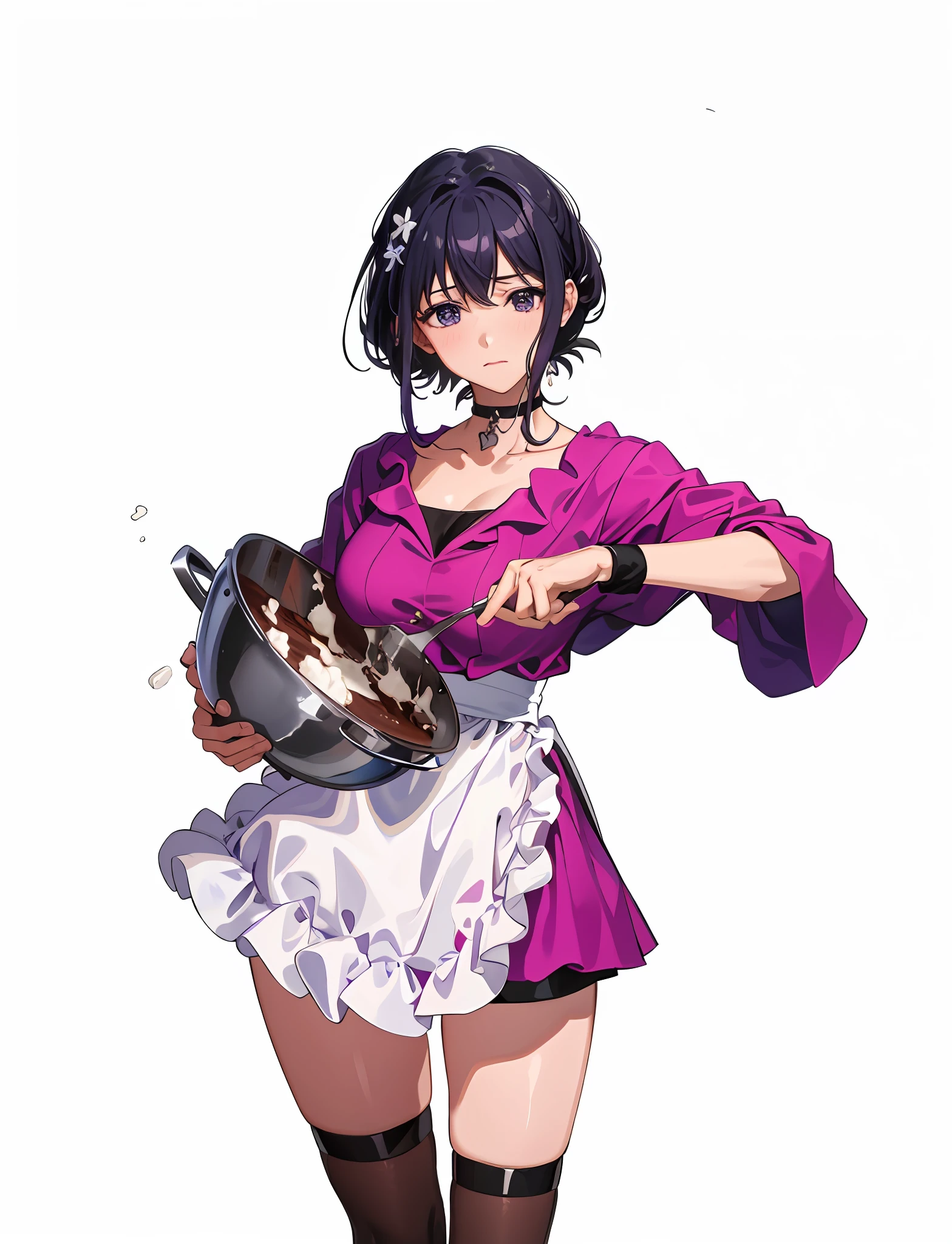 A cake chef in a purple dress stirs the cream of a pan with a spoon，Delicate hand movements，Carefully portrayed hands，Take something，