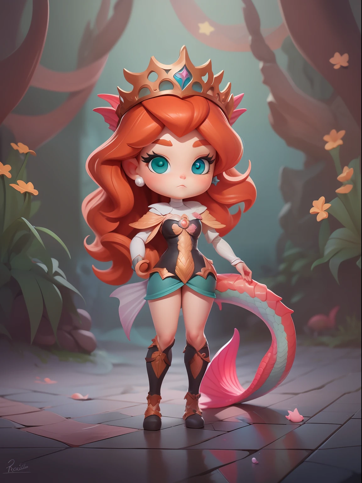 (1 Blind box cartoon girl:1.2，European and American cartoon Q version), 1 Gorgeous mermaid princess，soloist，Cute full body portrait，Full body standing painting，cartoon character，Red long-haired，mermaids，Fishtail，Scaly dress，Mermaid princess，medieval times，3Drenderingof，cinmatic lighting，Ray traching