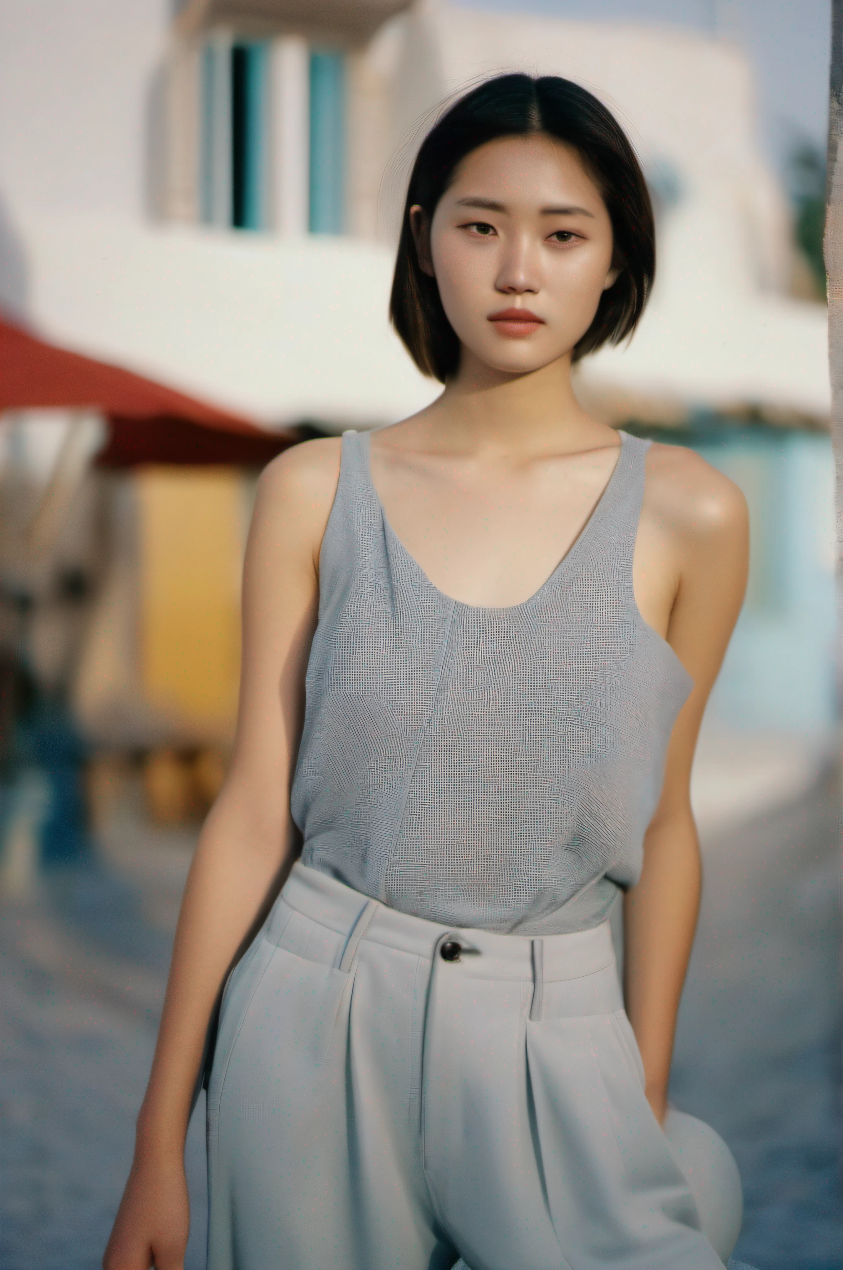 120mm photograph medium format film photography Kodak portra young, korean Girl, 18yo, Grey tight outfit, tall woman, beauty. Background Santorini, Joyful, Emphasisers, Muted Colours, Hasselblad --style raw --ar 2:3 --s 100