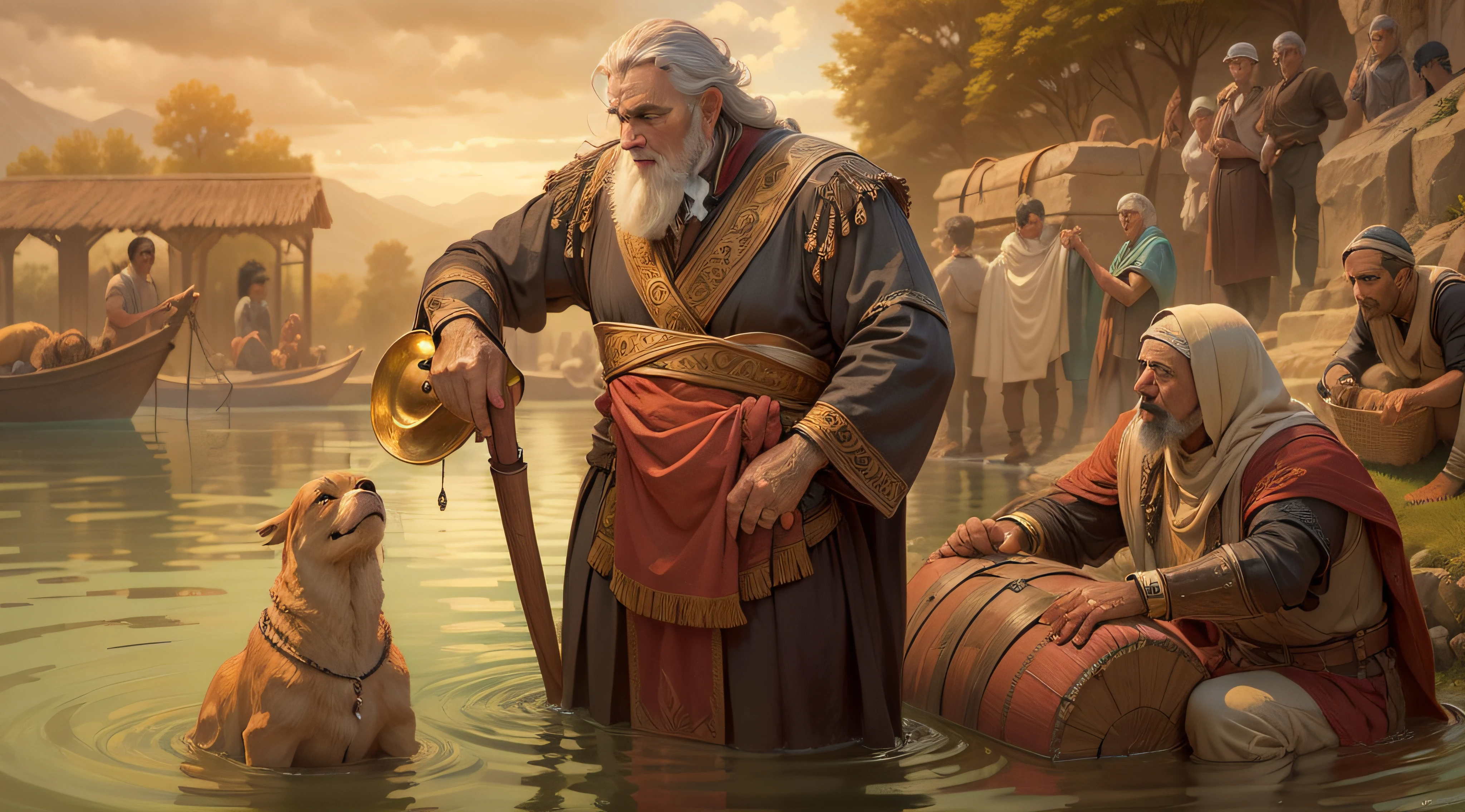 A wealthy gentleman helping others, reminiscent of ancient biblical times.