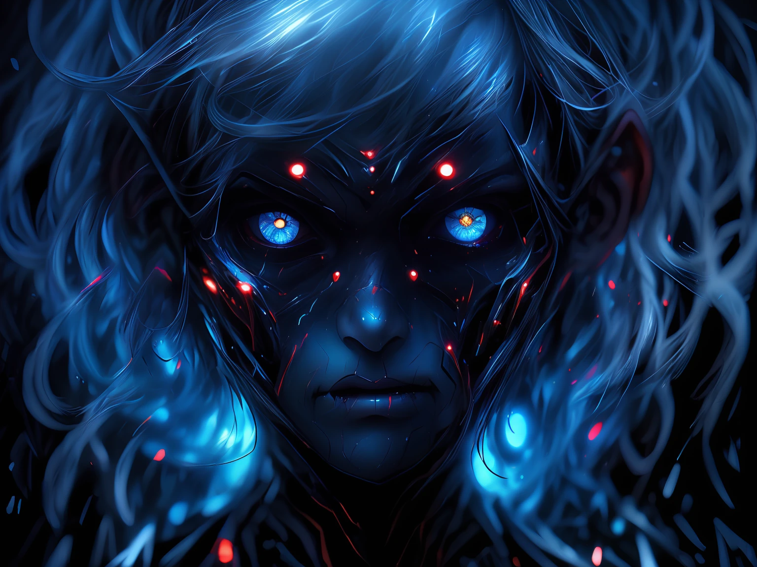 A close-up of a demonic creature，eyes glowing，Hair light, demon soul concept art, Elven Man Banshee, Epic fantasy digital art style, Detailed digital 2D fantasy art, Female elf-man demonic hybrid, Demon armor, A devil's Portray, dark but detailed digital art, Demon Lord, Diablo digital concept art