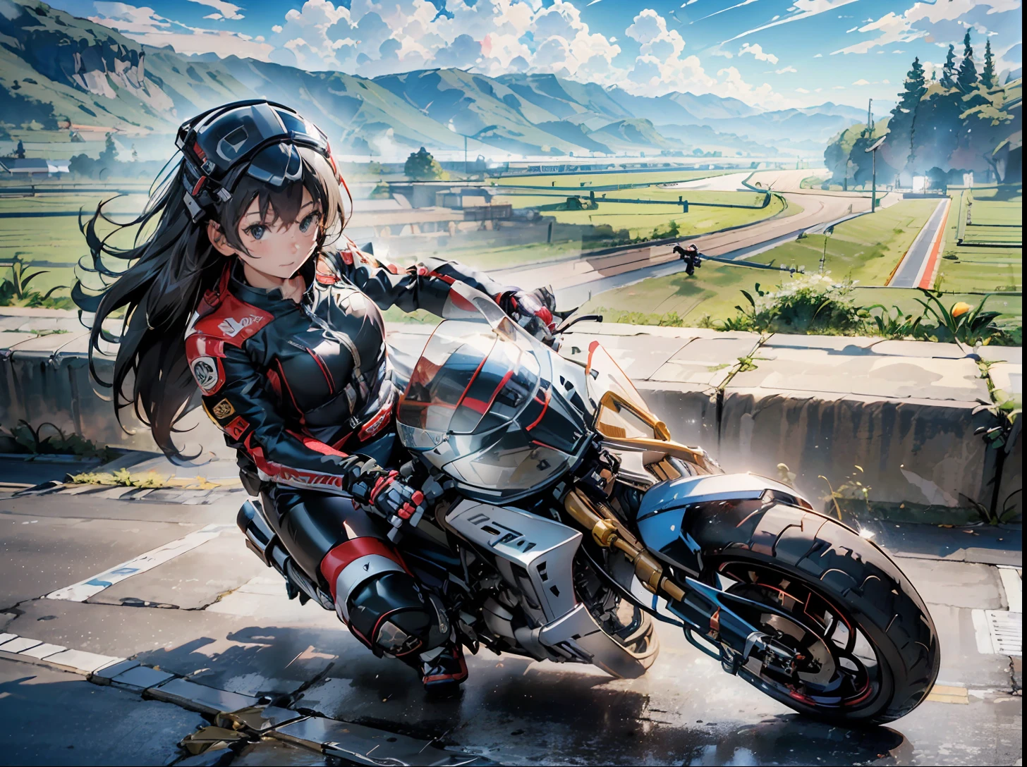 ((Masterpiece)),((Best quality)),((8K)),(gaming console_CG),(hdr),1girll,Solo, (((The motorcycle is a Honda\Customer Relationship Management 250))),(((Motocross helmet))),(((Take off your helmet and place it on the seat of your motorcycle):1.5)),&lt;the lora:【Style】Fuka Ayase(Yotsuba and！)_v10:0.6&gt;ayase fuuka, 
((beautiful weather，The view is close to the bike parking at the top of the hill)),A girl parked her motorcycle near the top of a hill，Enjoy the scenery with a drink in one hand,The view from the top of the mountain is far away,&lt;hypernet:Community anime_Anime 3:1.0&gt;