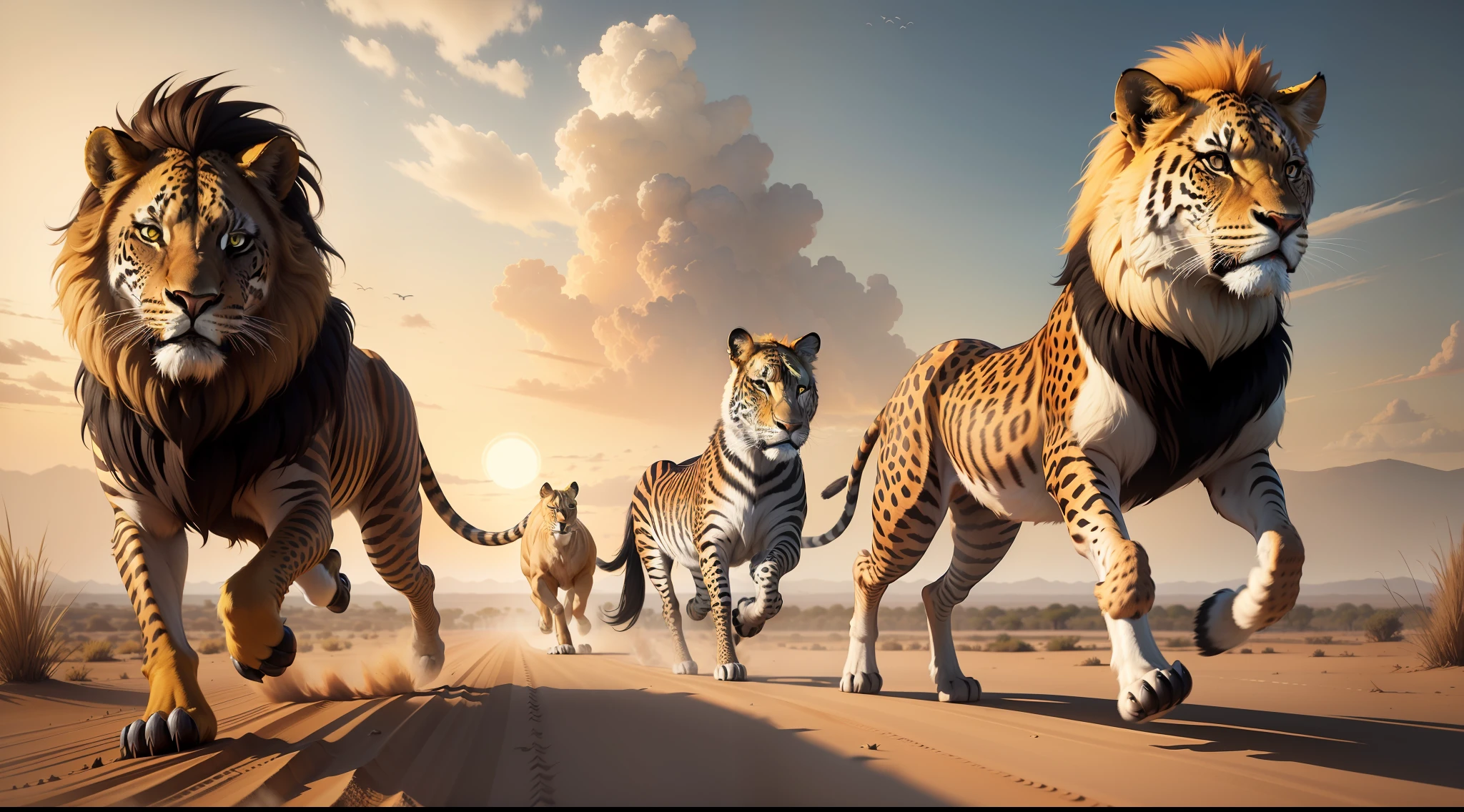 African land，Earthy yellow sky，The setting sun reflects the earth，There are dead trees in the distance，Gobi on both sides，A lion running head-on，A zebra on the left，A leopard on the right，Dynamic exaggeration，Kick up dust，The overall style is earthy yellow tones，High pixel，Realistic painting style，Photorealistic photography, digital art animal photo, amazing cgi, realistic paleoart, author：Joop Sanders, Surreal hybrid animals, animals running along, 3d animals, artistation render, CGI Art, 8 k ultra realistic animal, rendered in keyshot