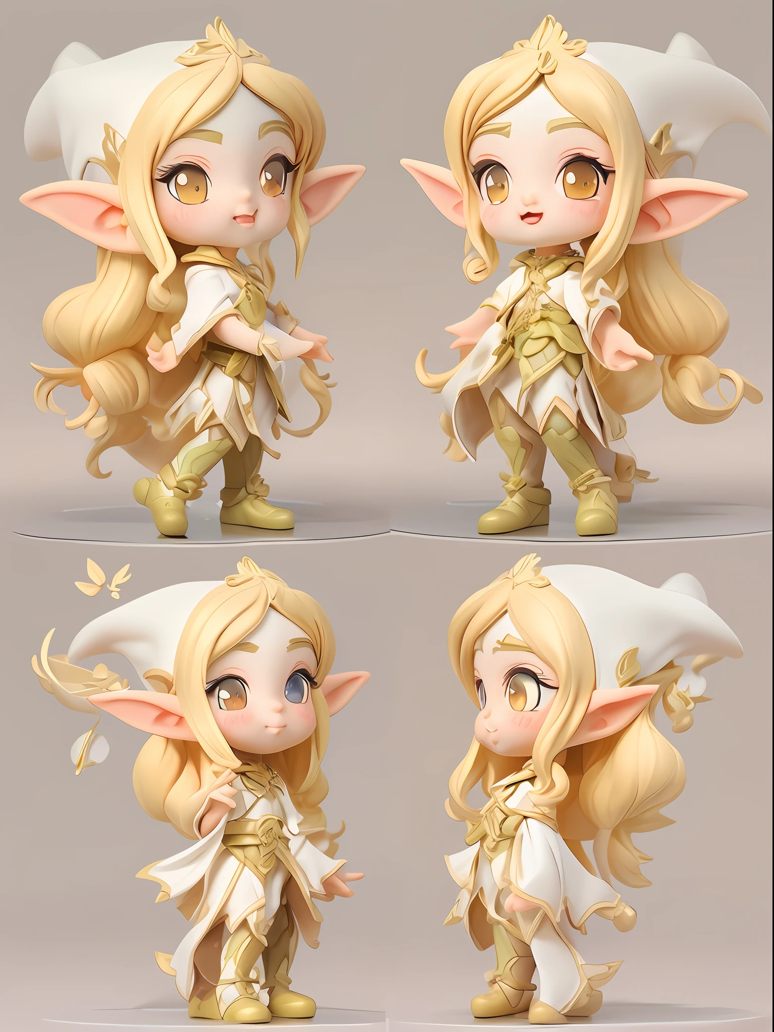 (1 blind box cartoon female elf:1.2，European and American cartoon Q version), 1 Gorgeous female elves，soloist，Cute full body portrait，Full body standing painting，cartoon character，blond hairbl，double-ponytail，Golden wings，Light yellow white petal dress，Elf Princess，medieval times，3Drenderingof，cinmatic lighting，Ray traching